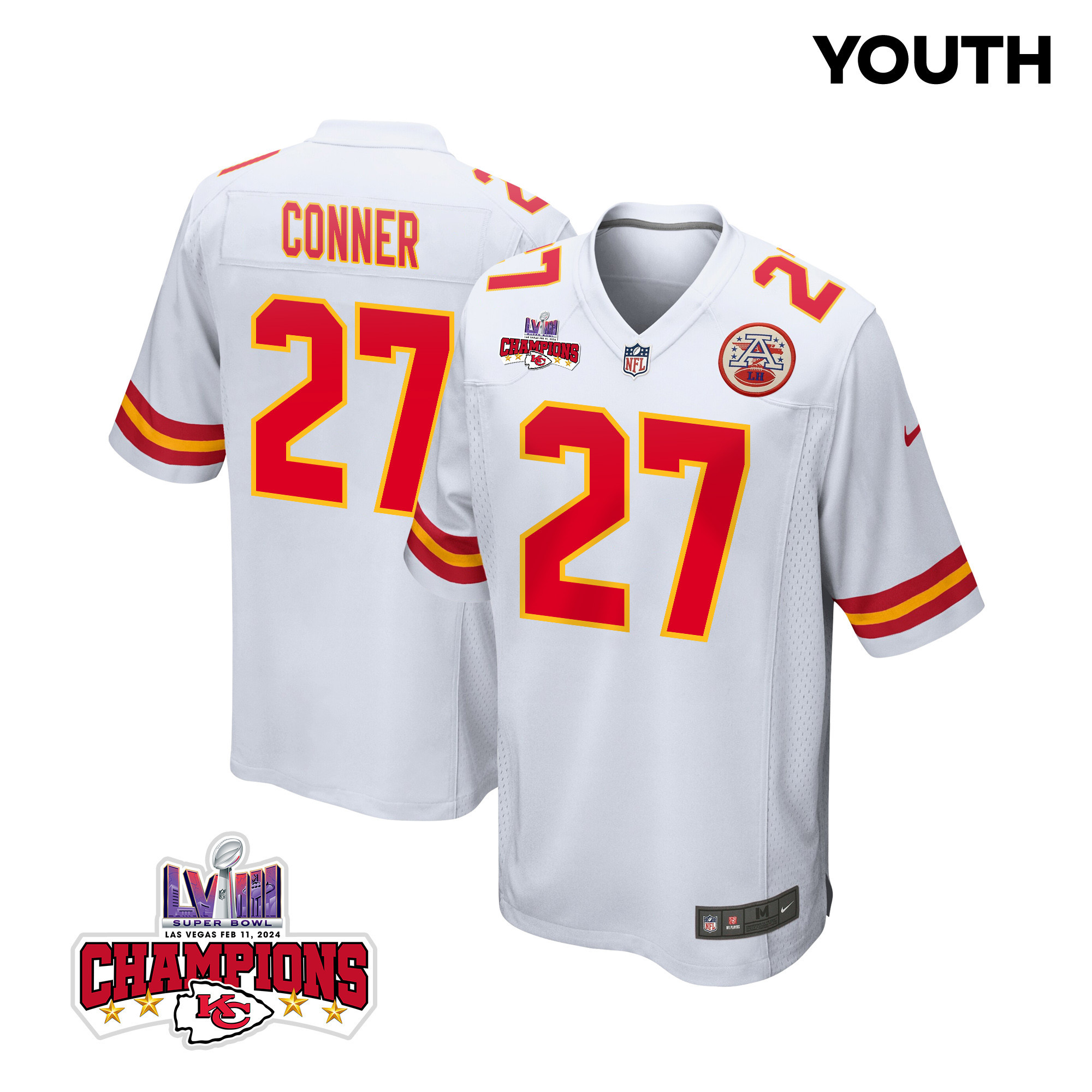 Chamarri Conner 27 Kansas City Chiefs Super Bowl Lviii Champions 4 Stars Patch Game Youth Jersey - White Js5268