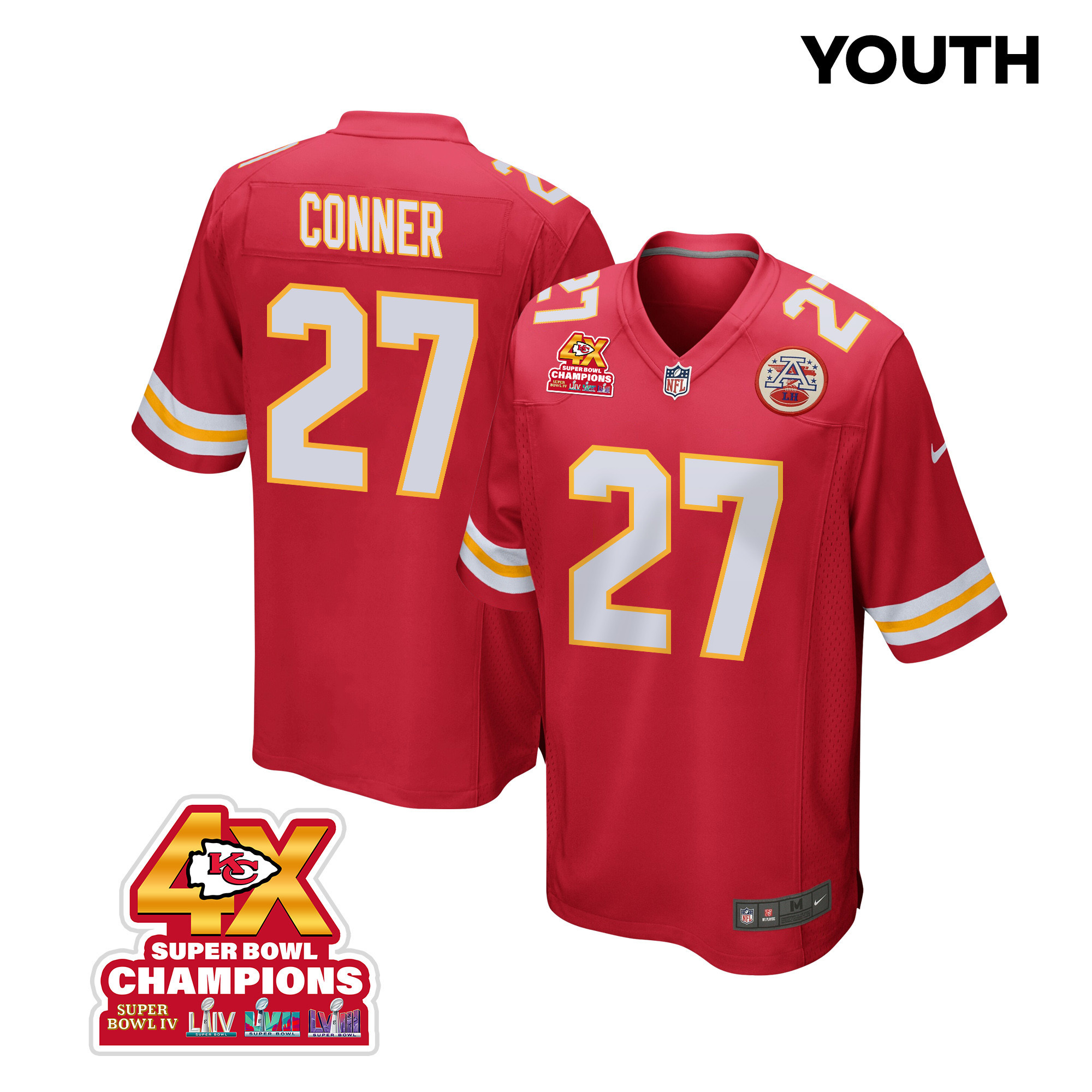 Chamarri Conner 27 Kansas City Chiefs Super Bowl Lviii Champions 4x Game Youth Jersey - Red Js7732