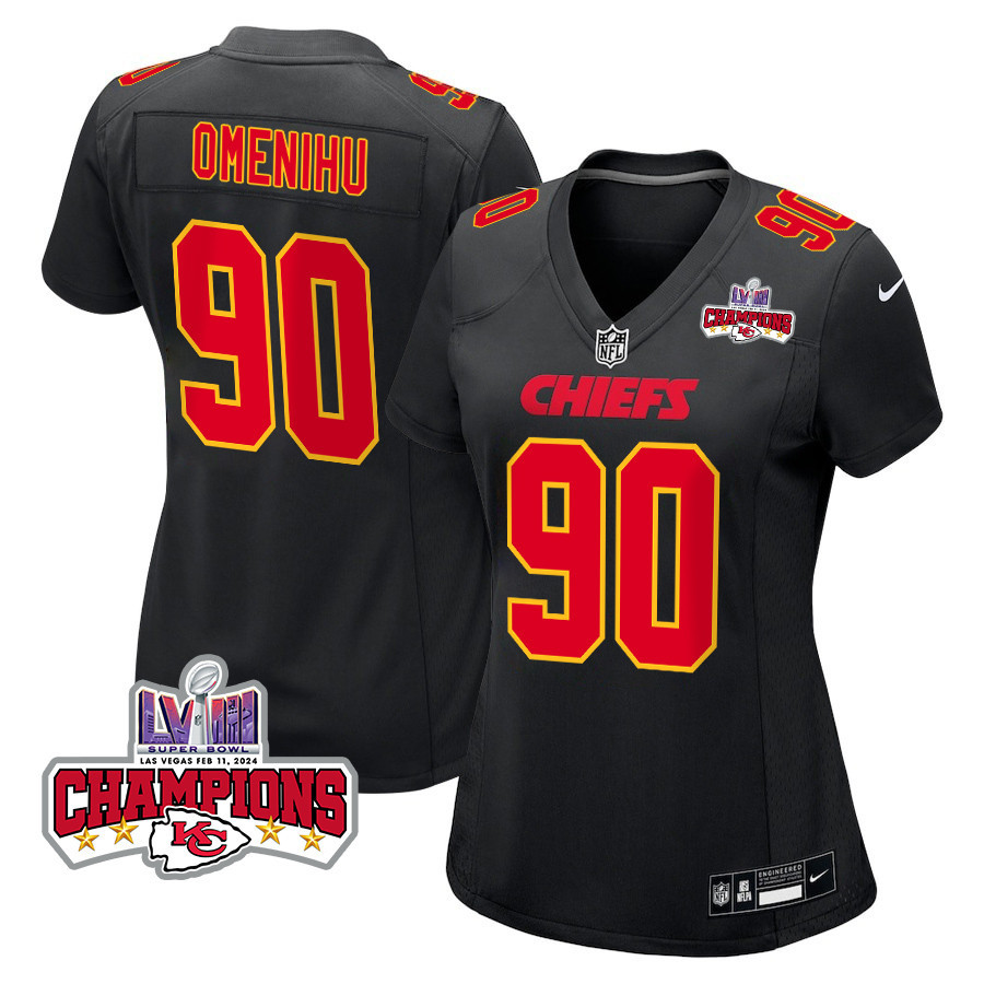 Charles Omenihu 90 Kansas City Chiefs Super Bowl Lviii Champions 4 Stars Patch Fashion Game Women Jersey - Carbon Black Js4994