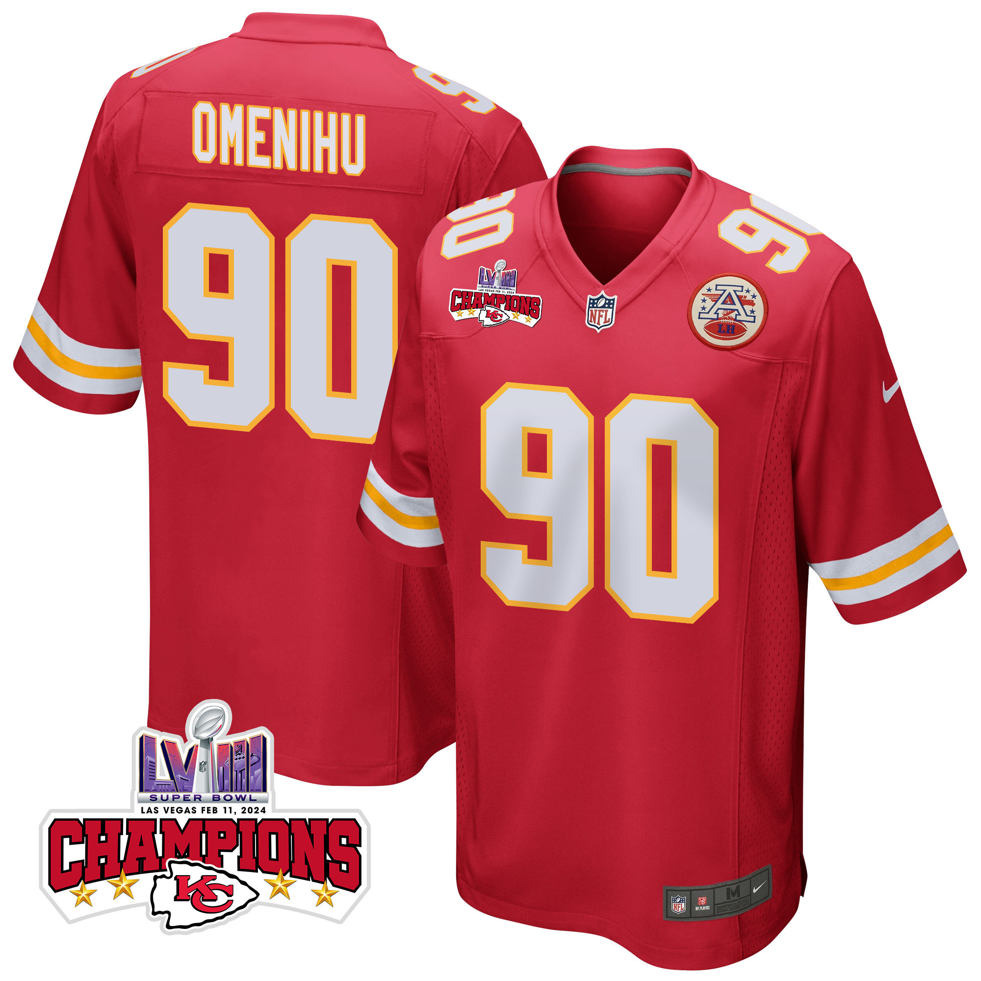 Charles Omenihu 90 Kansas City Chiefs Super Bowl Lviii Champions 4 Stars Patch Game Men Jersey - Red Js2814