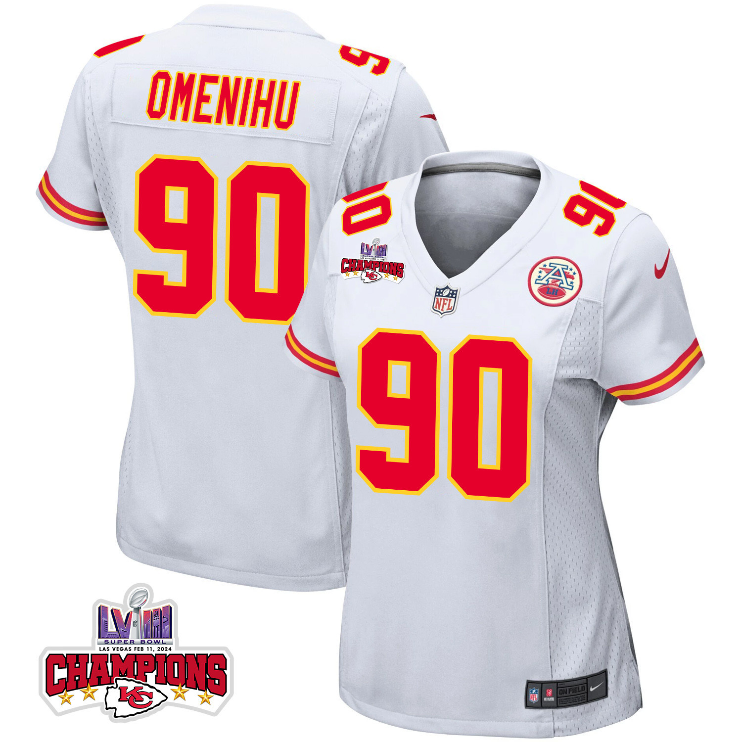 Charles Omenihu 90 Kansas City Chiefs Super Bowl Lviii Champions 4 Stars Patch Game Women Jersey - White Js7404