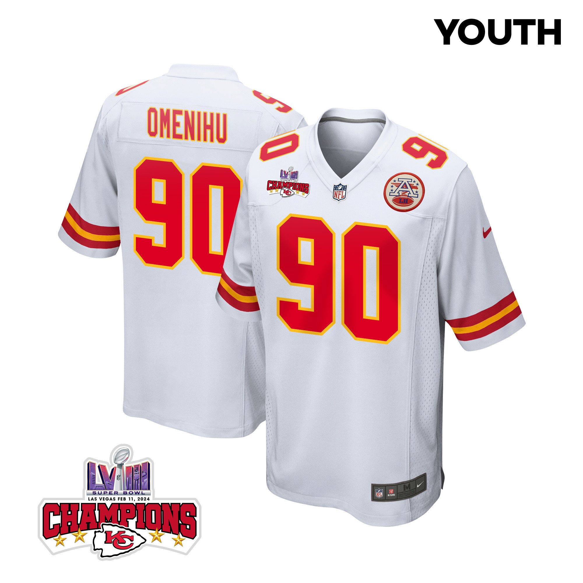 Charles Omenihu 90 Kansas City Chiefs Super Bowl Lviii Champions 4 Stars Patch Game Youth Jersey - White Js6952