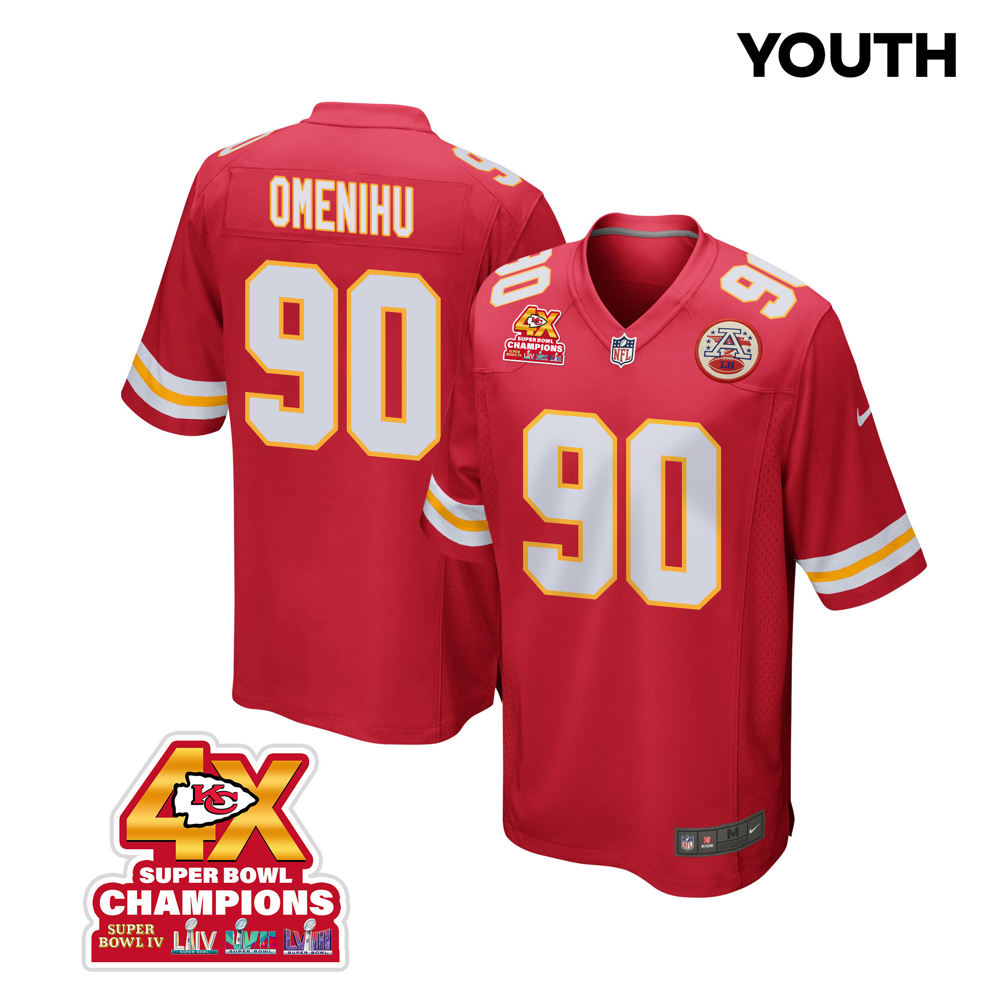 Charles Omenihu 90 Kansas City Chiefs Super Bowl Lviii Champions 4x Game Youth Jersey - Red Js7040
