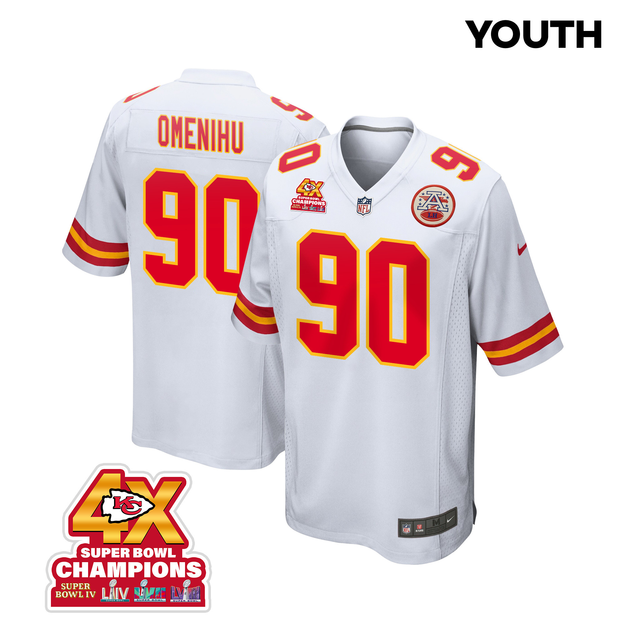 Charles Omenihu 90 Kansas City Chiefs Super Bowl Lviii Champions 4x Game Youth Jersey - White Js8166