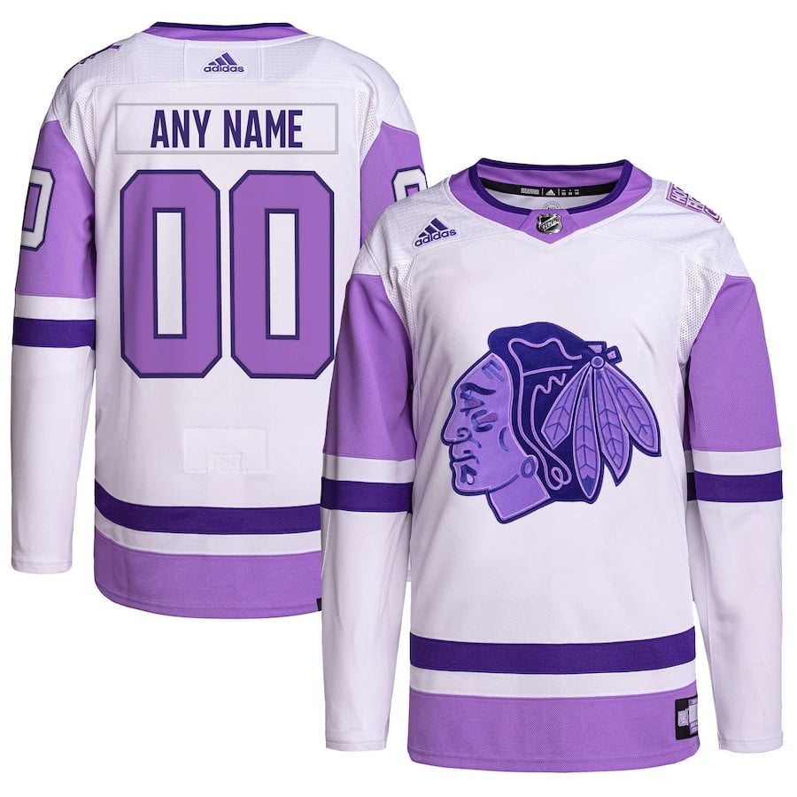 Chicago Blackhawks Hockey Fights Cancer Primegreen Custom Men Jersey - White/purple