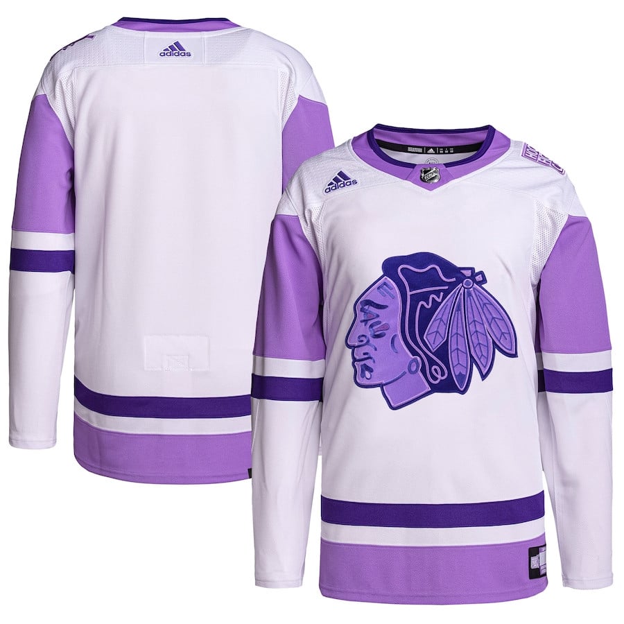 Chicago Blackhawks Hockey Fights Cancer Primegreen Men Jersey - White/purple