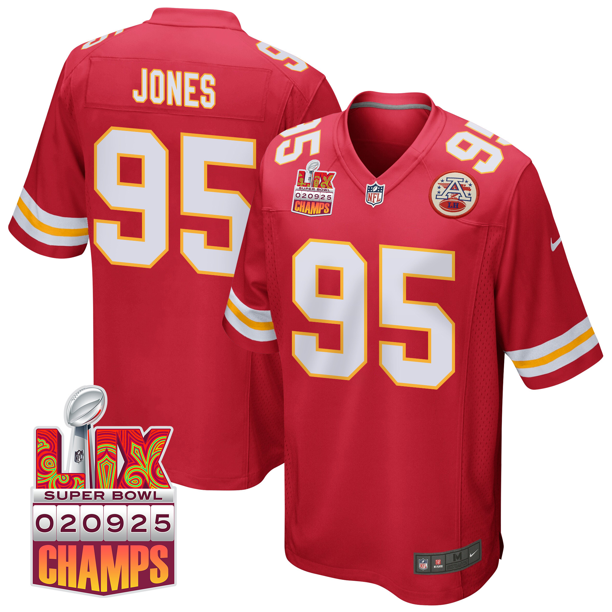 Chris Jones 95 Kansas City Chiefs Super Bowl Lix Champions Patch Game Men Jersey - Red Js8182