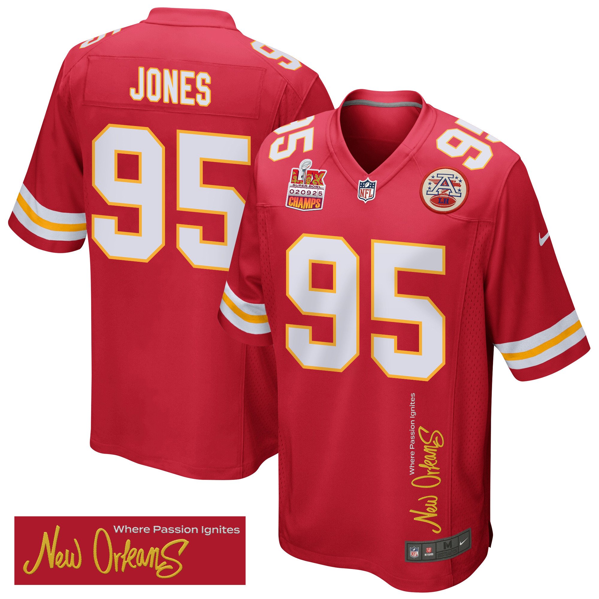 Chris Jones 95 Kansas City Chiefs Super Bowl Lix Champions Patch 'new Orleans - Where Passion Ignites' Embroidered Game Men Jersey - Red Js8621