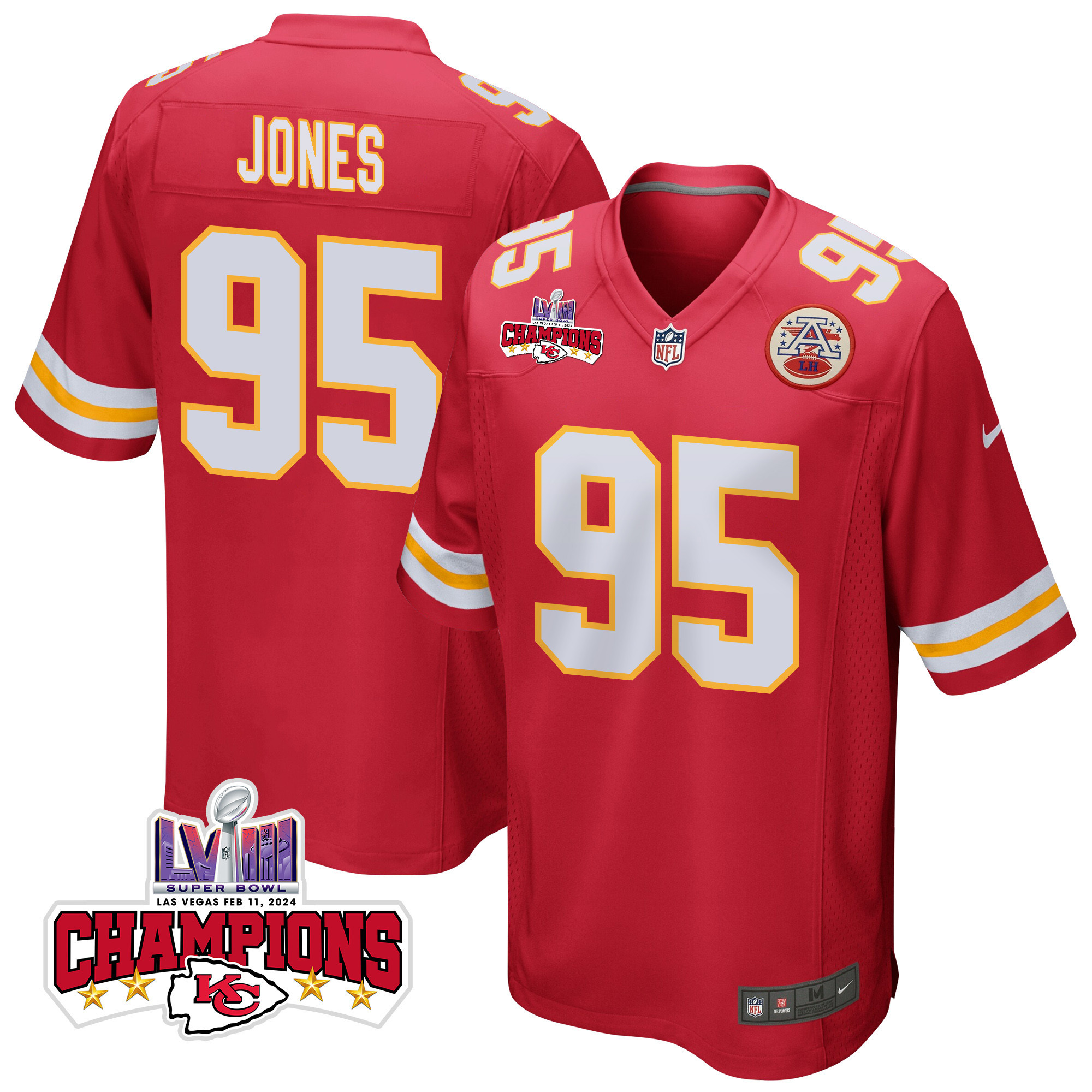 Chris Jones 95 Kansas City Chiefs Super Bowl Lviii Champions 4 Stars Patch Game Men Jersey - Red Js4877