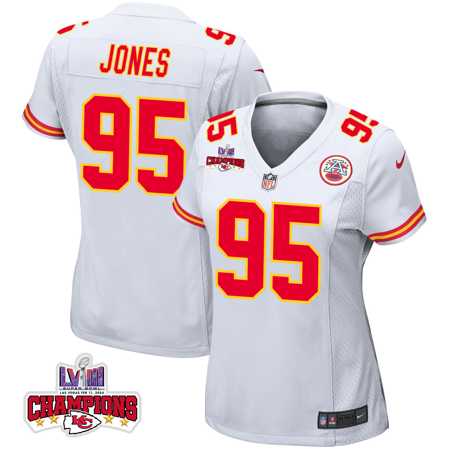 Chris Jones 95 Kansas City Chiefs Super Bowl Lviii Champions 4 Stars Patch Game Women Jersey - White Js1915