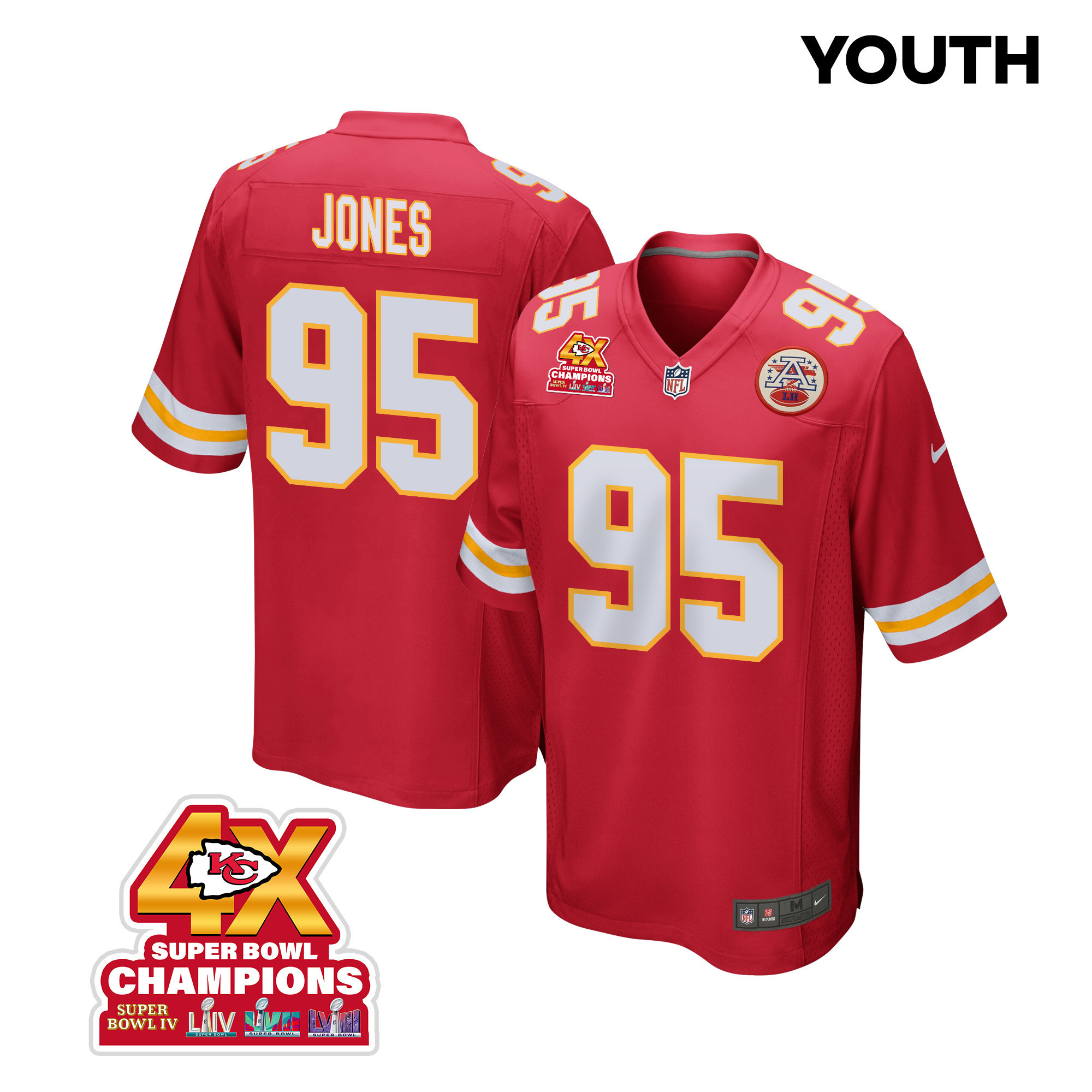 Chris Jones 95 Kansas City Chiefs Super Bowl Lviii Champions 4x Game Youth Jersey - Red Js6765