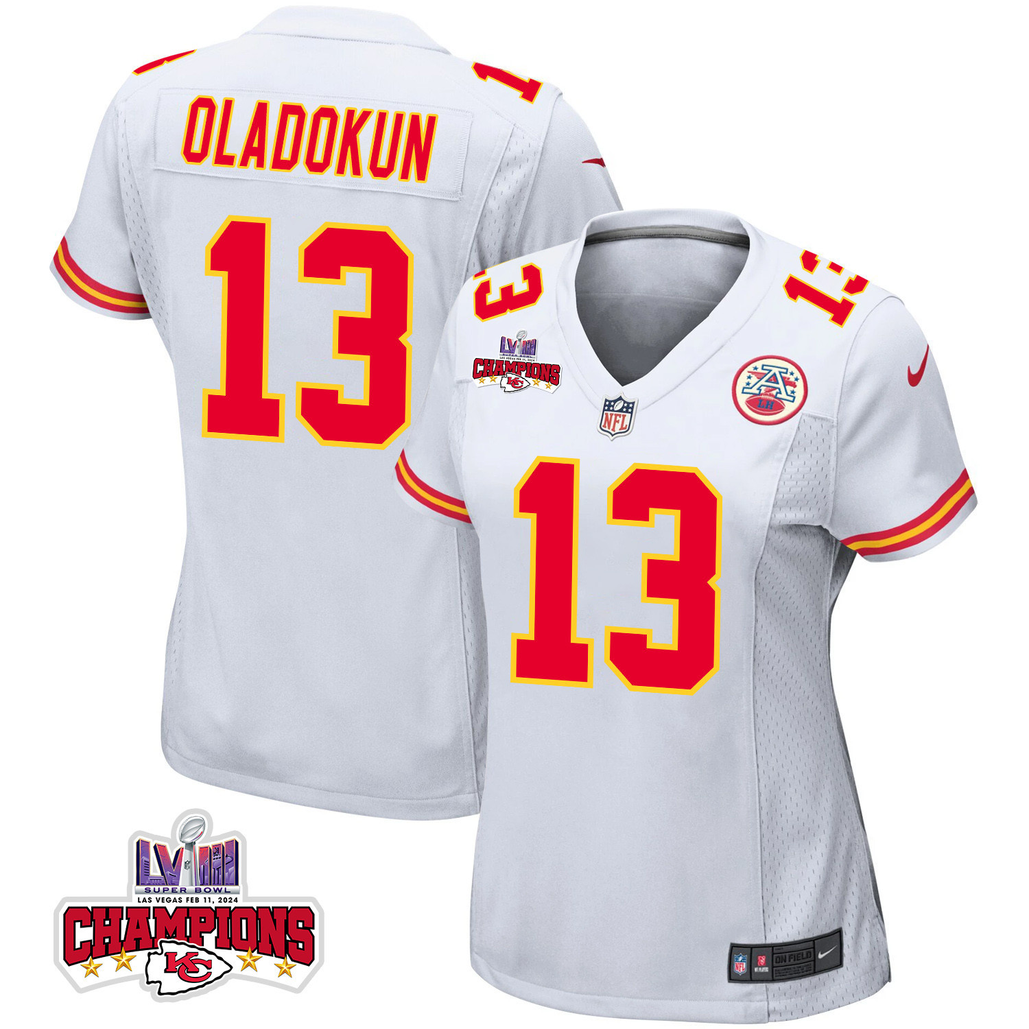 Chris Oladokun 13 Kansas City Chiefs Super Bowl Lviii Champions 4 Stars Patch Game Women Jersey - White Js5747
