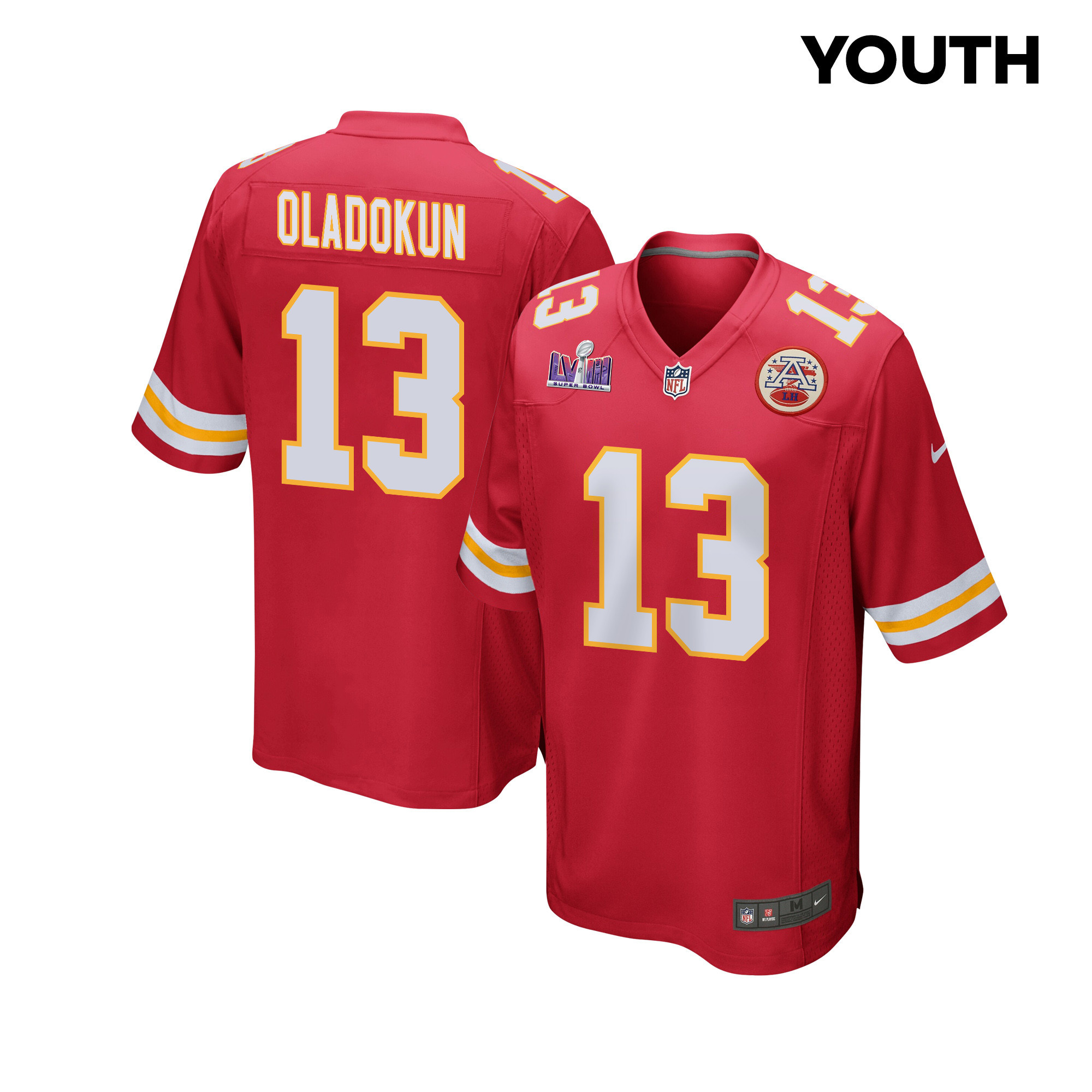 Chris Oladokun 13 Kansas City Chiefs Super Bowl Lviii Patch Game Youth Jersey - Red Js8242