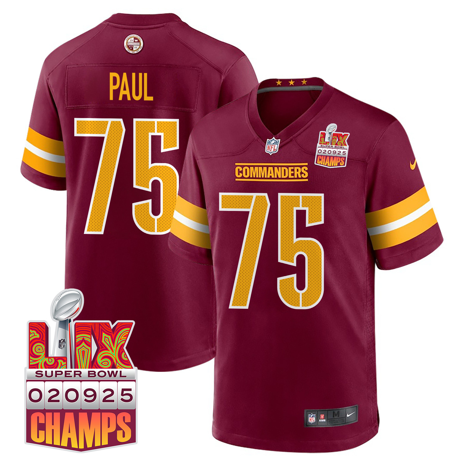 Chris Paul 75 Washington Commanders Super Bowl Lix Champions Patch Game Men Jersey - Burgundy Js9265