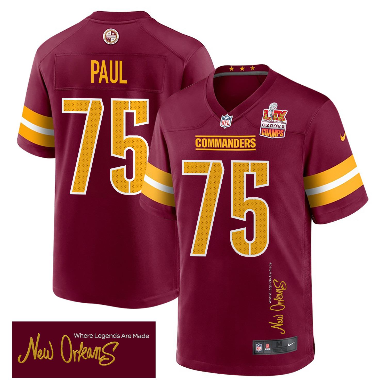 Chris Paul 75 Washington Commanders Super Bowl Lix Champions Patch 'new Orleans - Where Legends Are Made' Embroidered Game Men Jersey - Burgundy Js2051