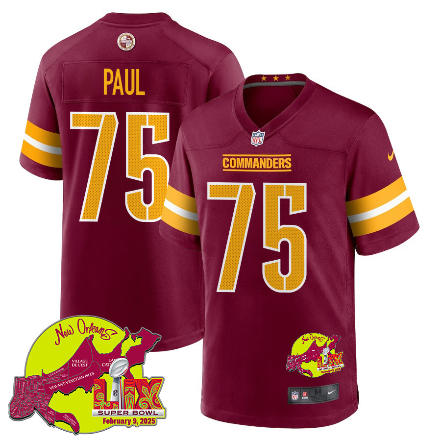 Chris Paul 75 Washington Commanders Super Bowl Lix New Orleans Patch Game Men Jersey - Burgundy Js5669