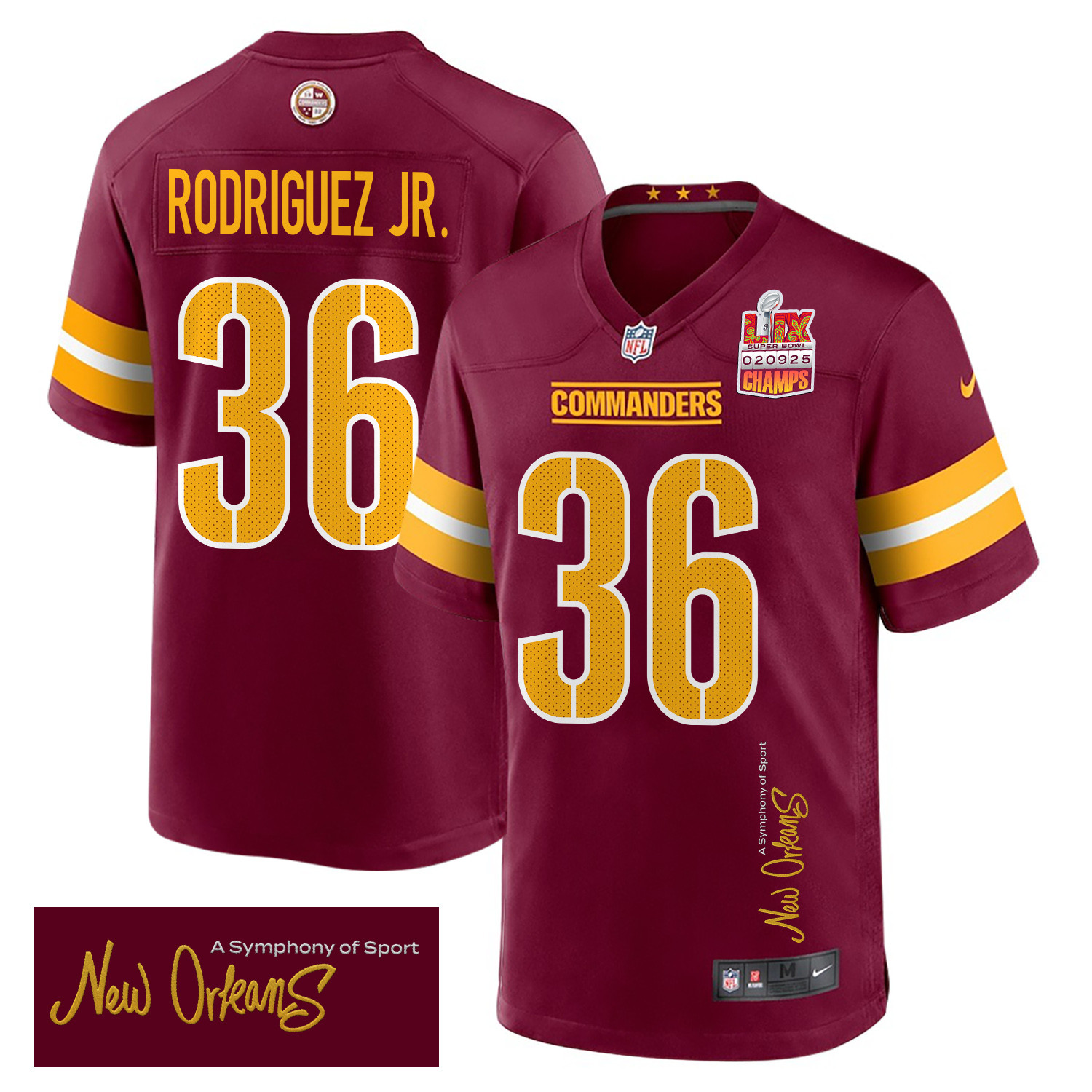 Chris Rodriguez Jr. 36 Washington Commanders Super Bowl Lix Champions Patch 'new Orleans - A Symphony Of Sport' Embroidered Game Men Jersey - Burgundy Js2919