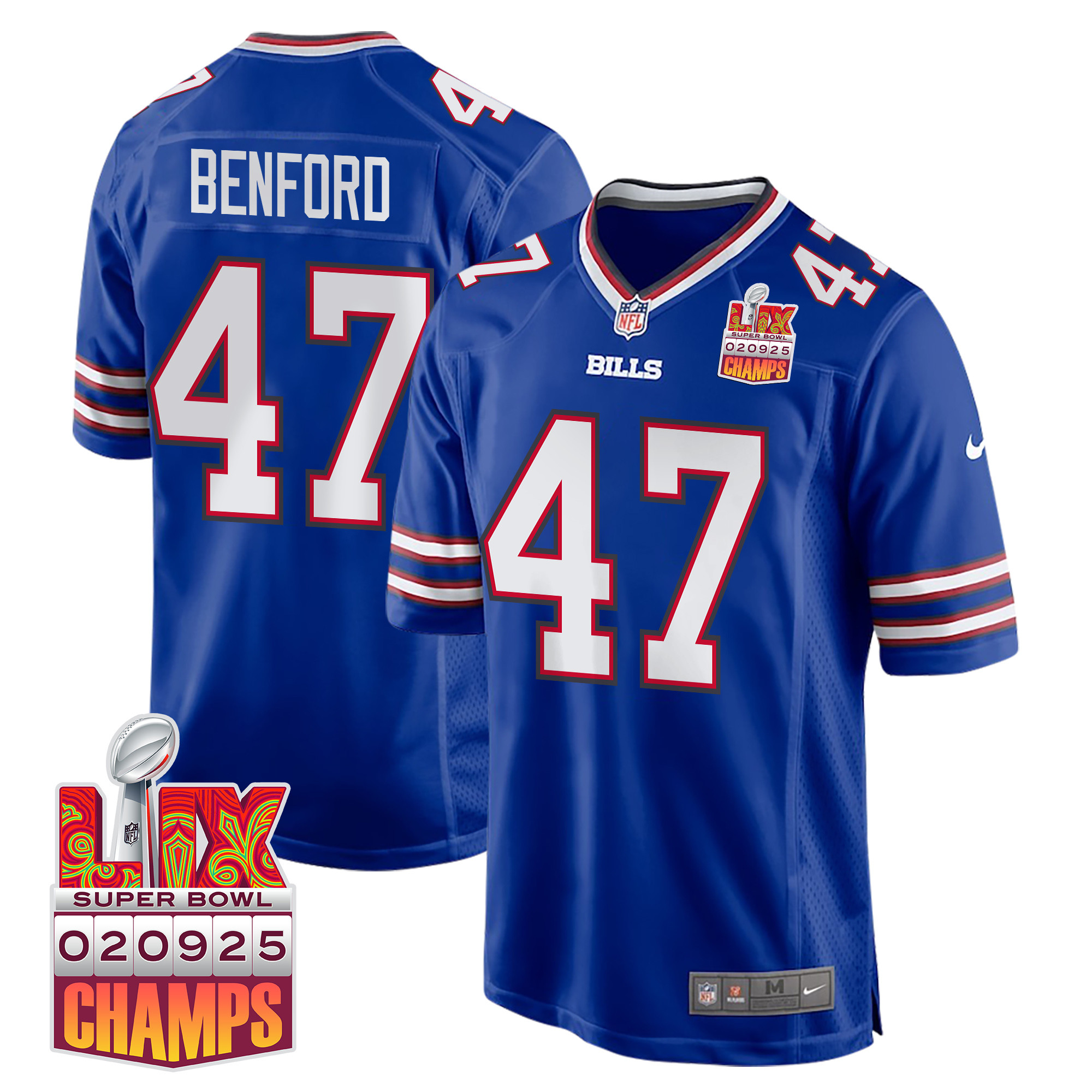 Christian Benford 47 Buffalo Bills Super Bowl Lix Champions Patch Game Men Jersey - Royal Js7429