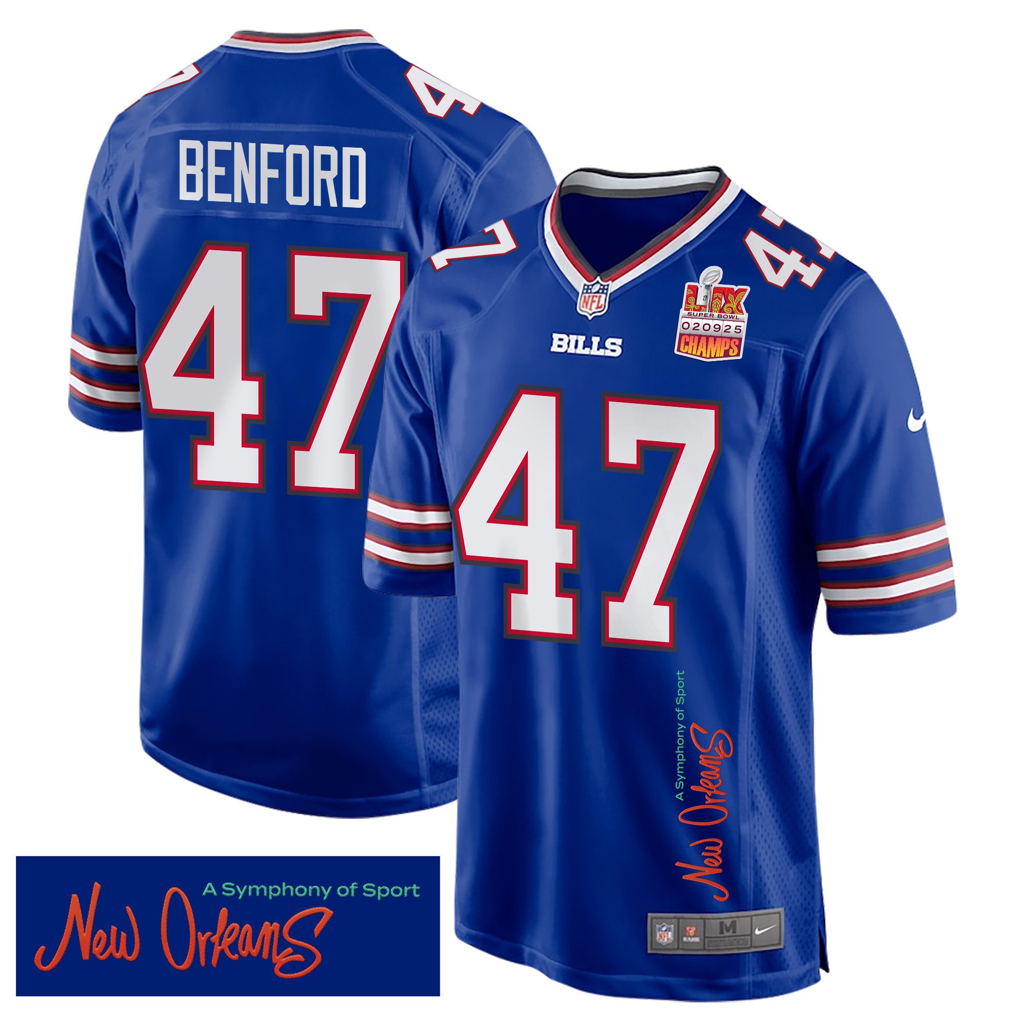 Christian Benford 47 Buffalo Bills Super Bowl Lix Champions Patch 'new Orleans - A Symphony Of Sport' Embroidered Game Men Jersey - Royal Js8914