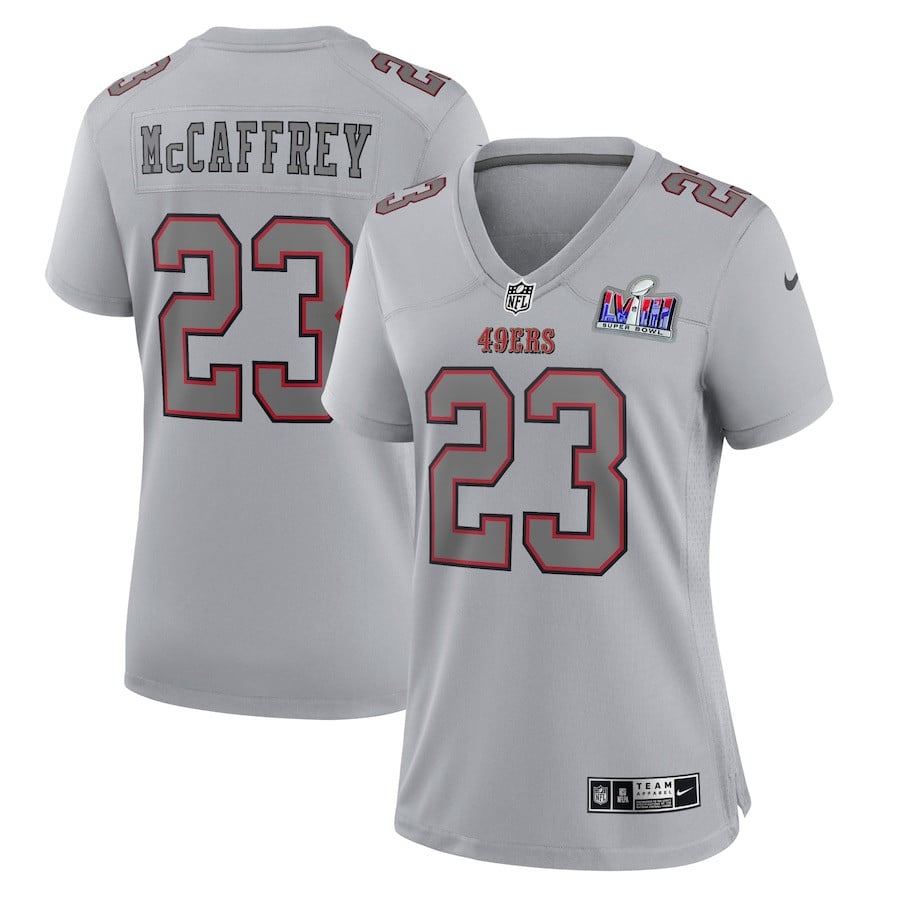 Christian Mccaffrey 23 San Francisco 49ers Super Bowl Lviii Atmosphere Fashion Game Women Jersey - Gray Js4360