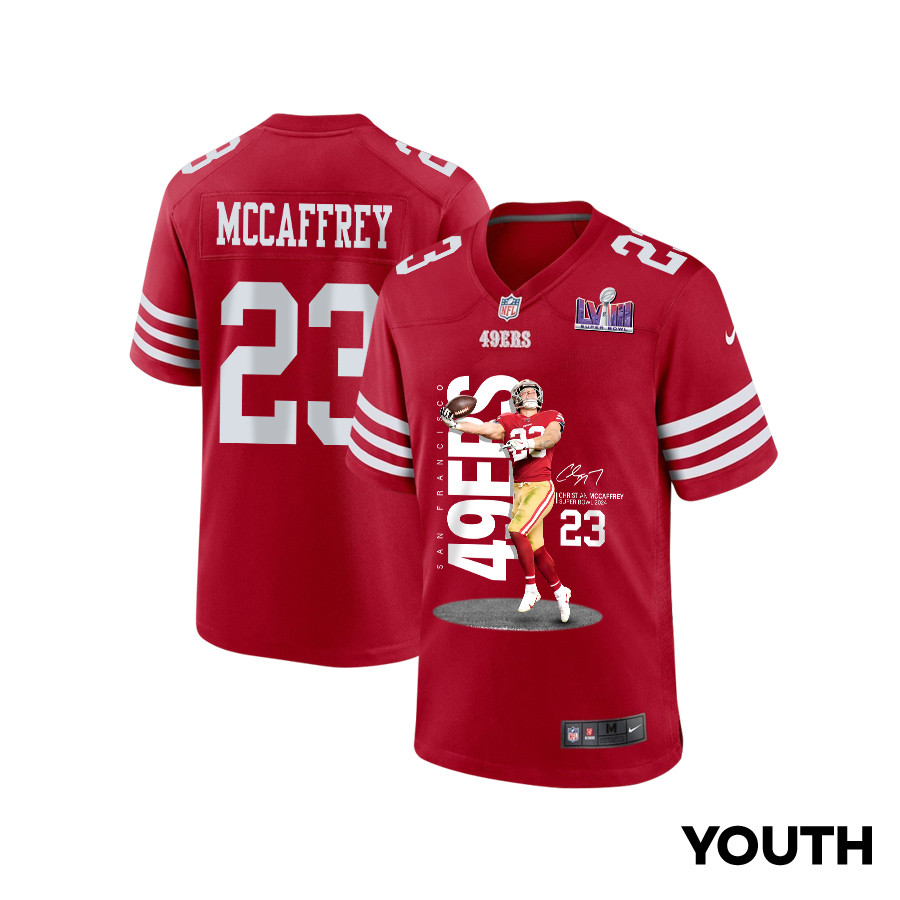 Christian Mccaffrey 23 San Francisco 49ers Throwing Ball Game Youth Jersey - Scarlet Js7191