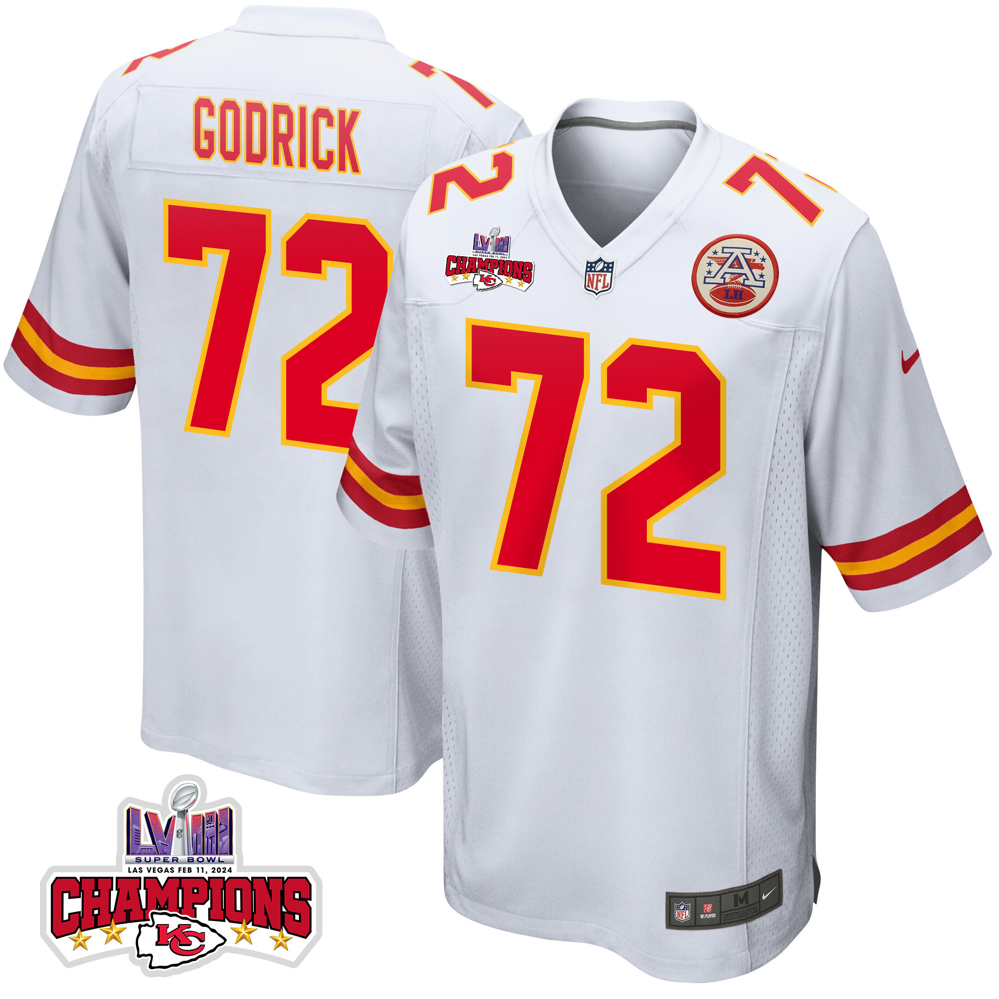 Chukwuebuka Godrick 72 Kansas City Chiefs Super Bowl Lviii Champions 4 Stars Patch Game Men Jersey - White Js8142