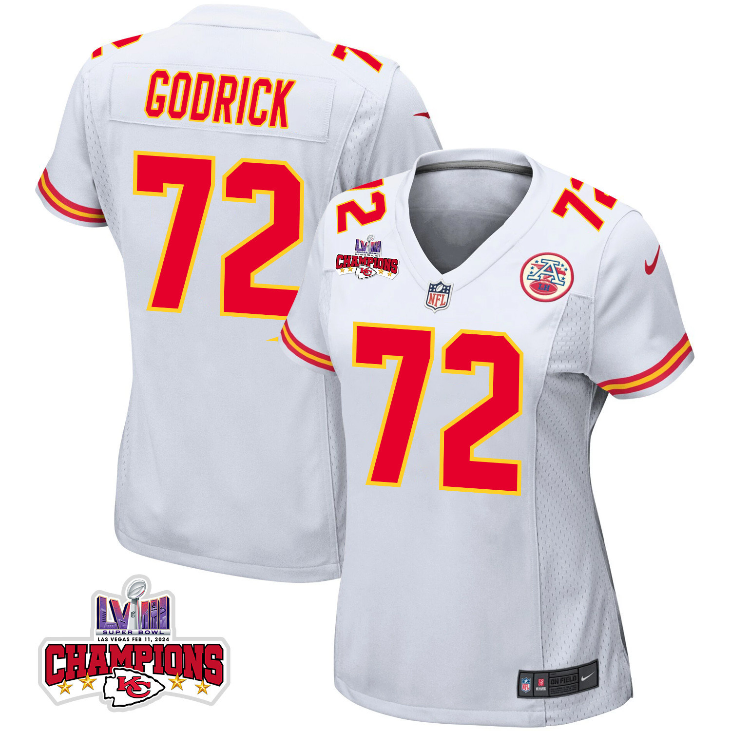 Chukwuebuka Godrick 72 Kansas City Chiefs Super Bowl Lviii Champions 4 Stars Patch Game Women Jersey - White Js7871