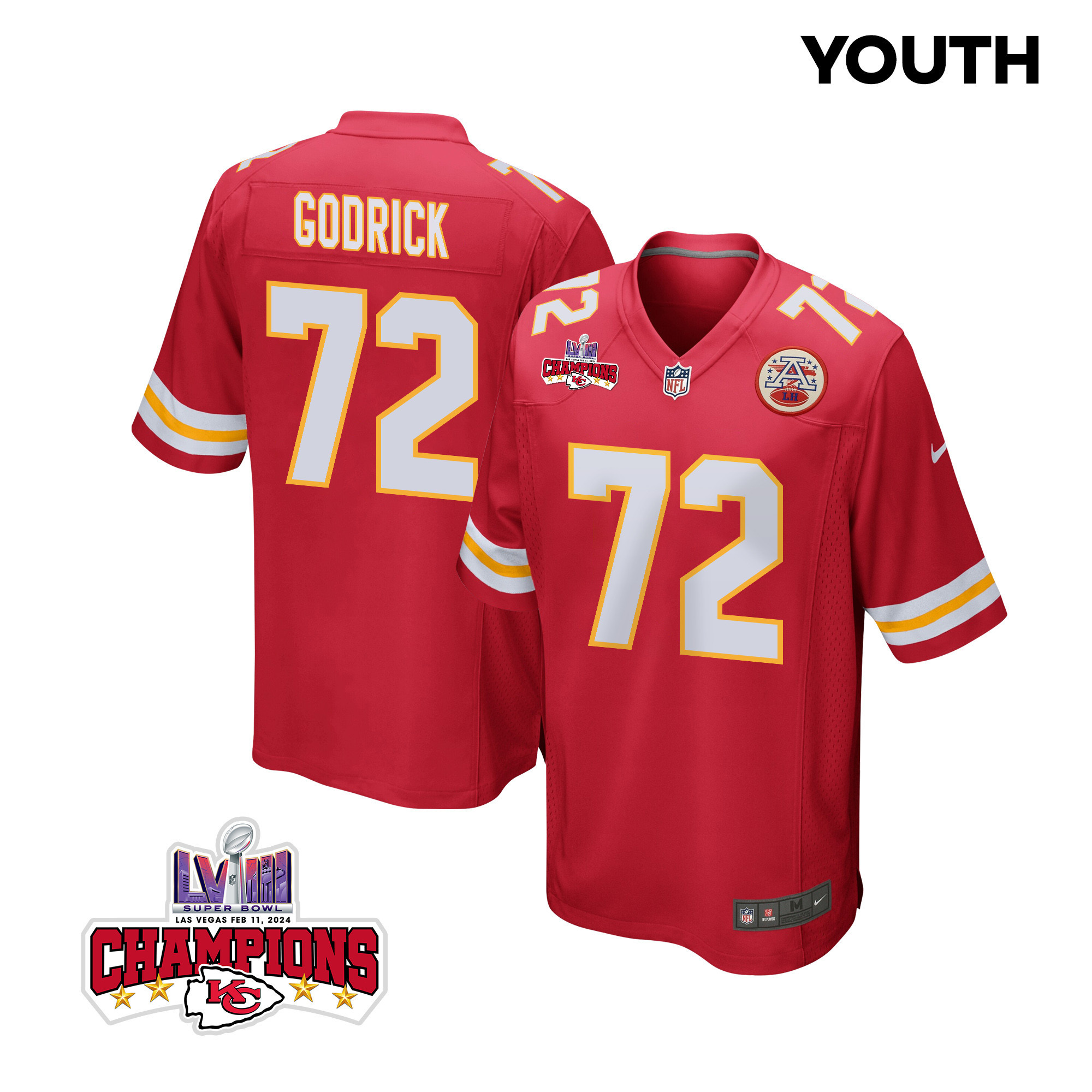 Chukwuebuka Godrick 72 Kansas City Chiefs Super Bowl Lviii Champions 4 Stars Patch Game Youth Jersey - Red Js7581