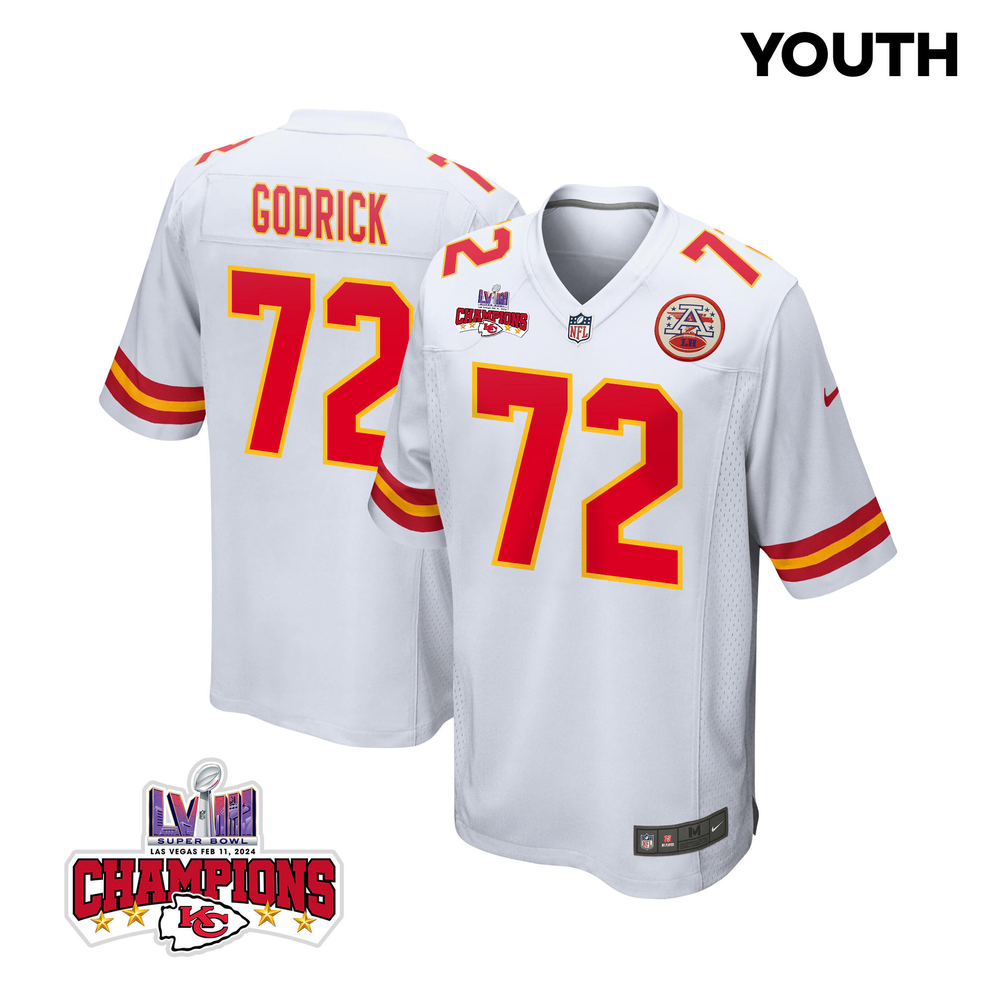 Chukwuebuka Godrick 72 Kansas City Chiefs Super Bowl Lviii Champions 4 Stars Patch Game Youth Jersey - White Js3959