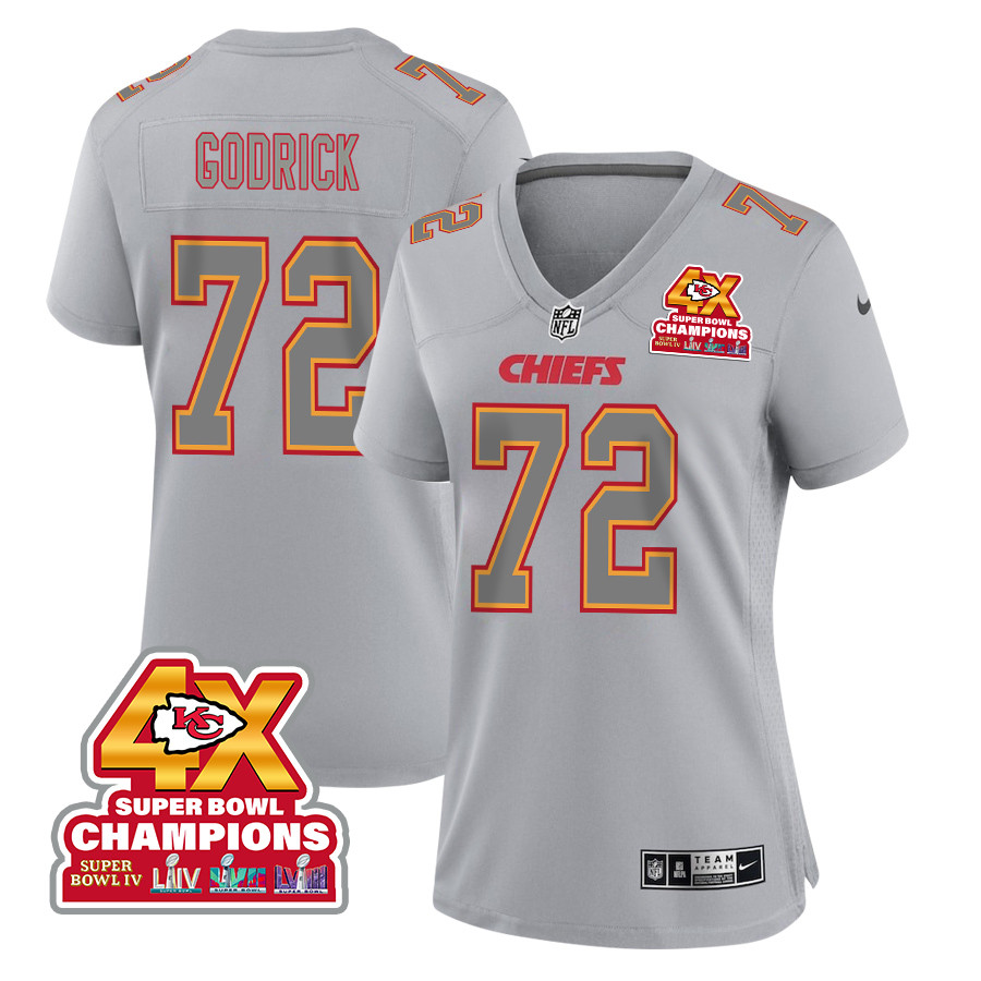 Chukwuebuka Godrick 72 Kansas City Chiefs Super Bowl Lviii Champions 4x Atmosphere Fashion Game Women Jersey - Gray Js1352