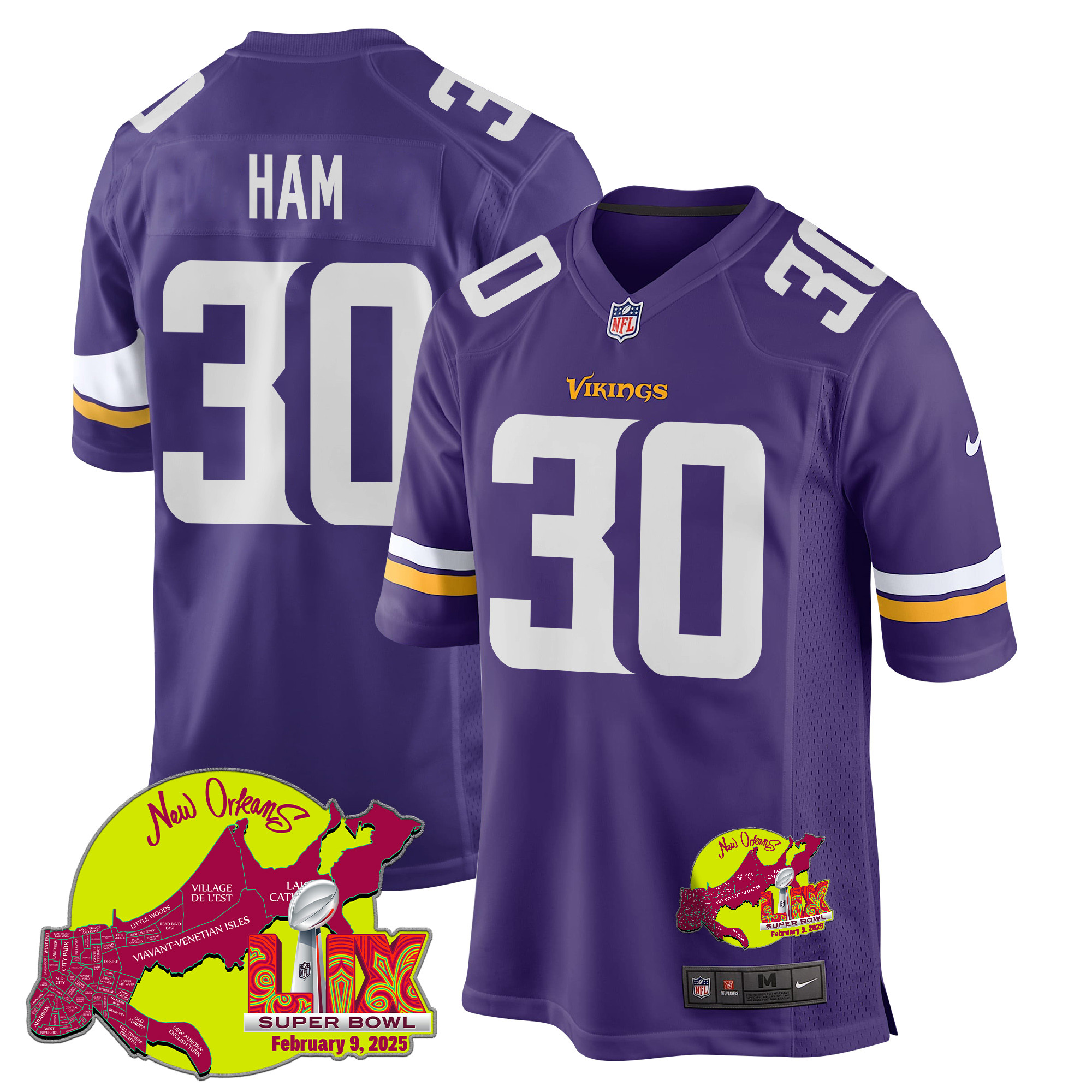 C.j. Ham 30 Minnesota Vikings Super Bowl Lix New Orleans Patch Game Men Jersey - Purple Js6238