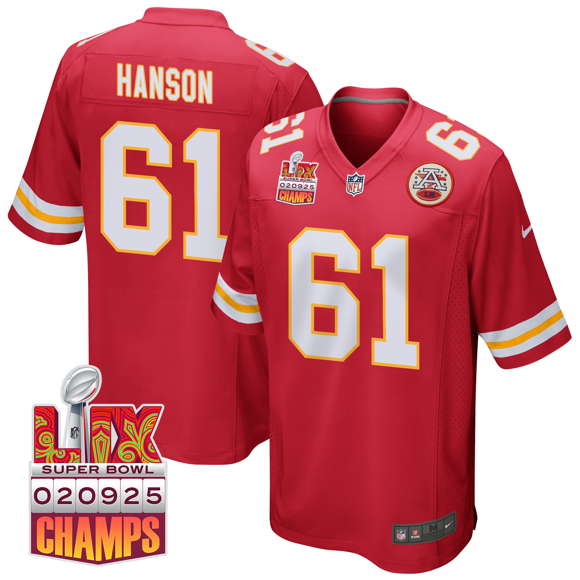 C.j. Hanson 61 Kansas City Chiefs Super Bowl Lix Champions Patch Game Men Jersey - Red Js7592