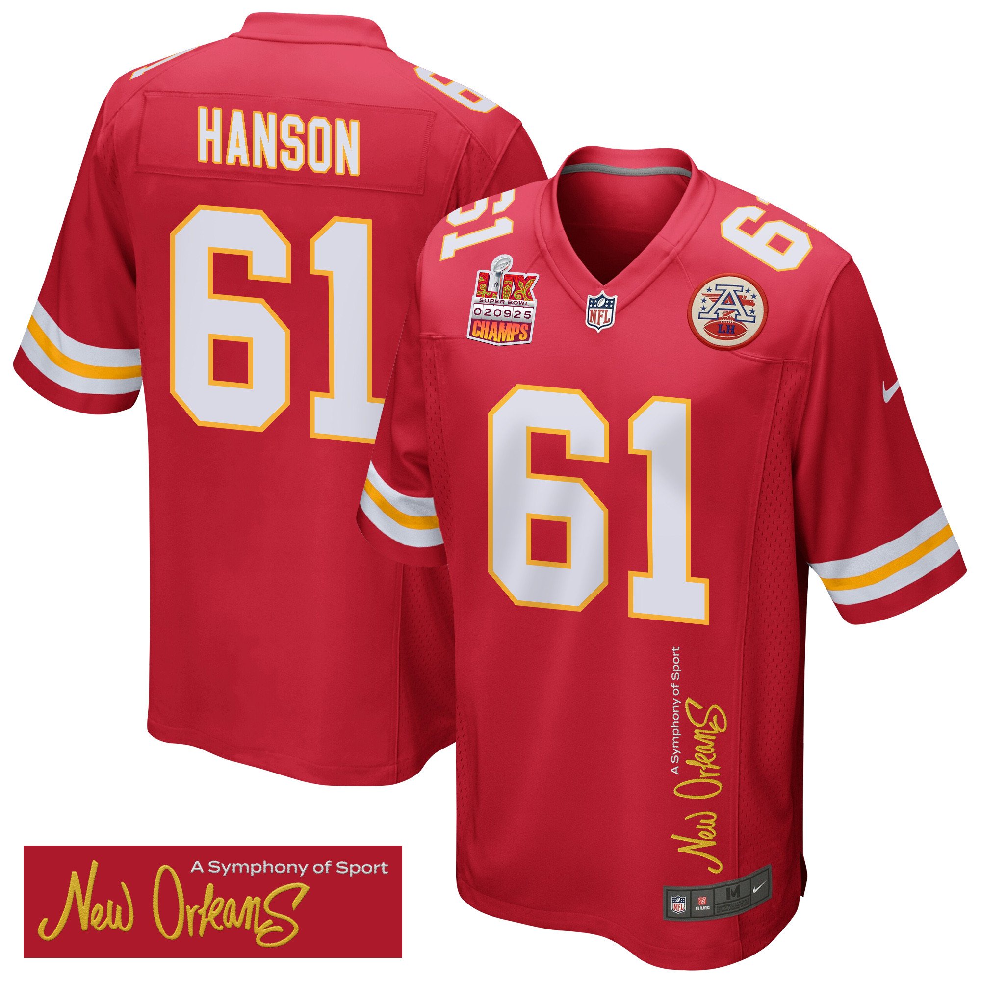 C.j. Hanson 61 Kansas City Chiefs Super Bowl Lix Champions Patch 'new Orleans - A Symphony Of Sport' Embroidered Game Men Jersey - Red Js3671