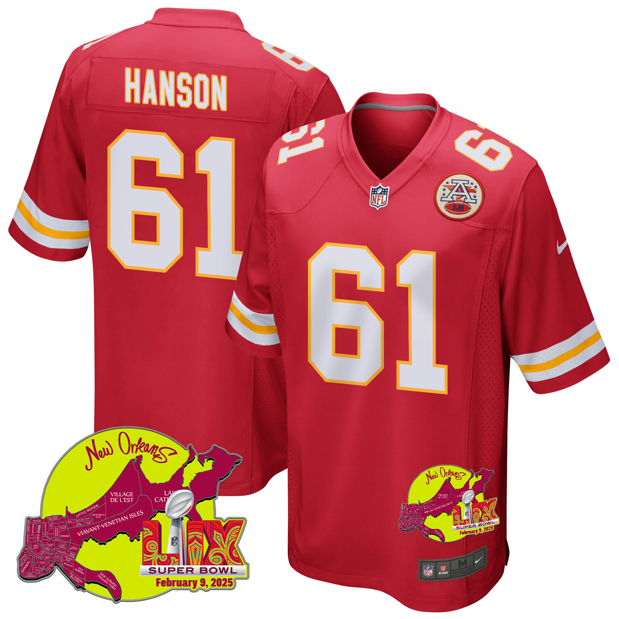 C.j. Hanson 61 Kansas City Chiefs Super Bowl Lix New Orleans Patch Game Men Jersey - Red Js9606