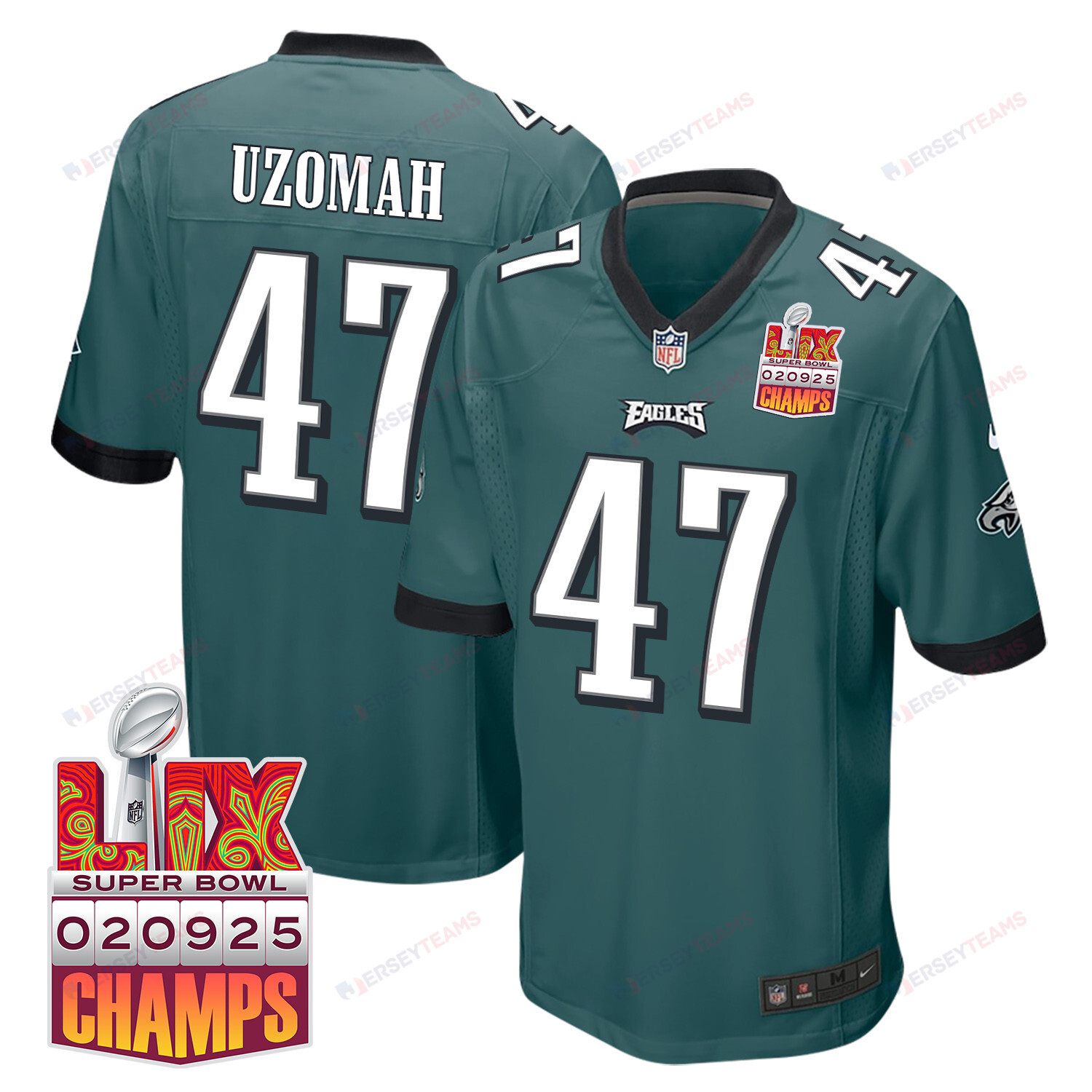 C.j. Uzomah 47 Philadelphia Eagles Super Bowl Lix Champions Patch Game Men Jersey - Midnight Green Js9118