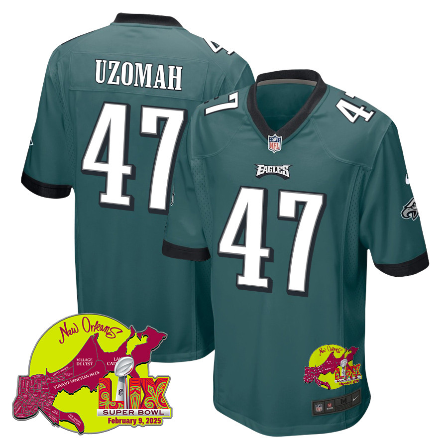 C.j. Uzomah 47 Philadelphia Eagles Super Bowl Lix New Orleans Patch Game Men Jersey - Midnight Green Js4110