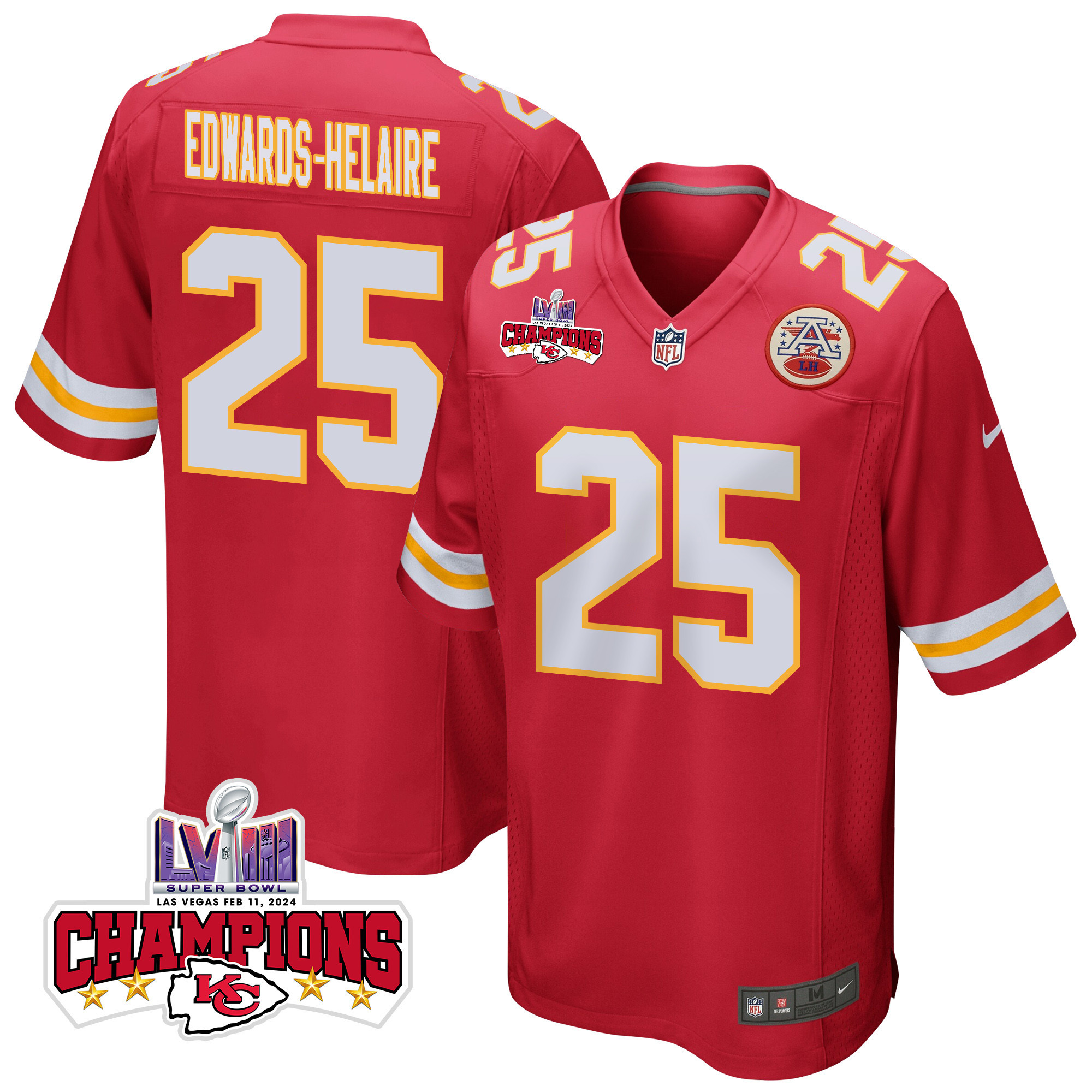 Clyde Edwards-helaire 25 Kansas City Chiefs Super Bowl Lviii Champions 4 Stars Patch Game Men Jersey - Red Js8538