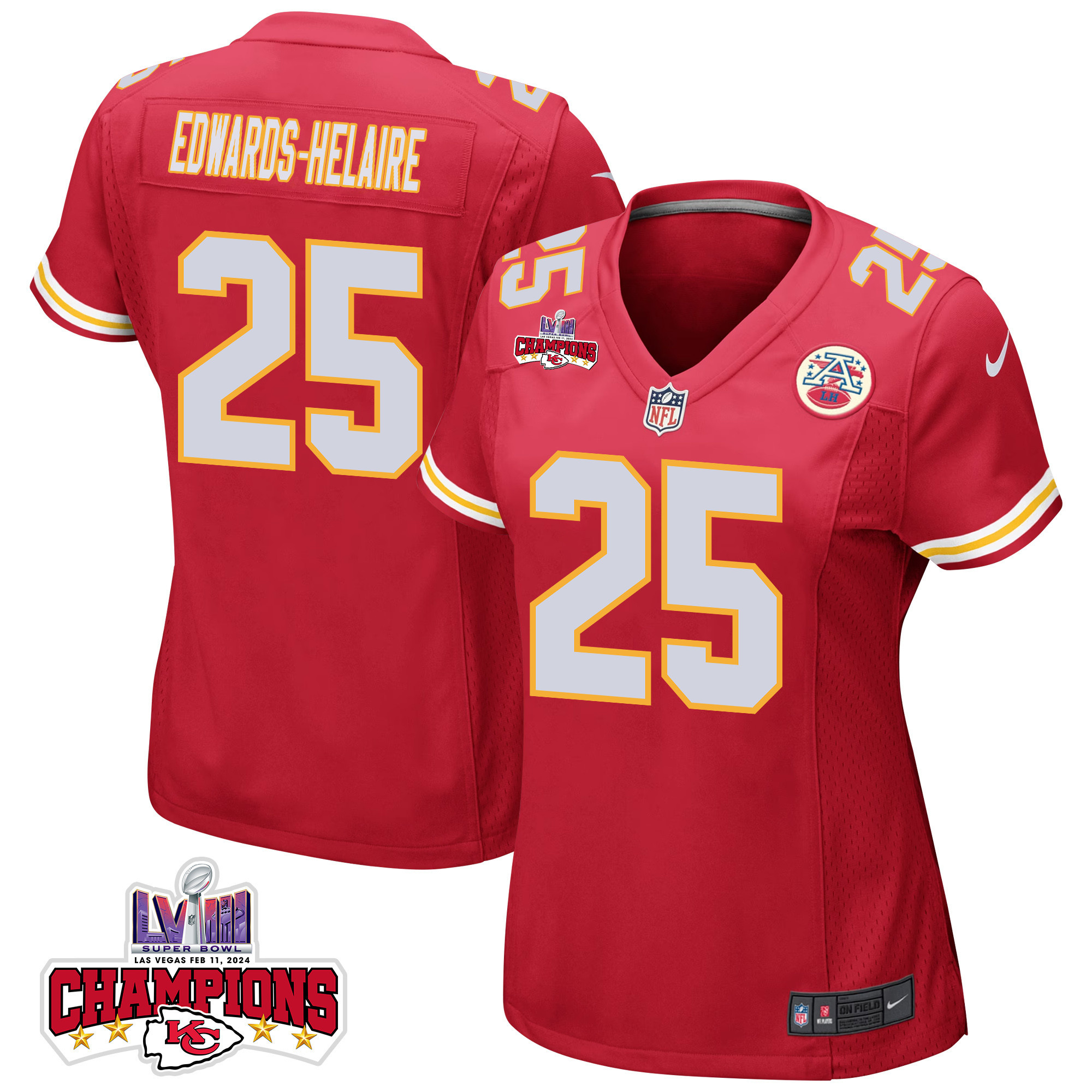 Clyde Edwards-helaire 25 Kansas City Chiefs Super Bowl Lviii Champions 4 Stars Patch Game Women Jersey - Red Js8037