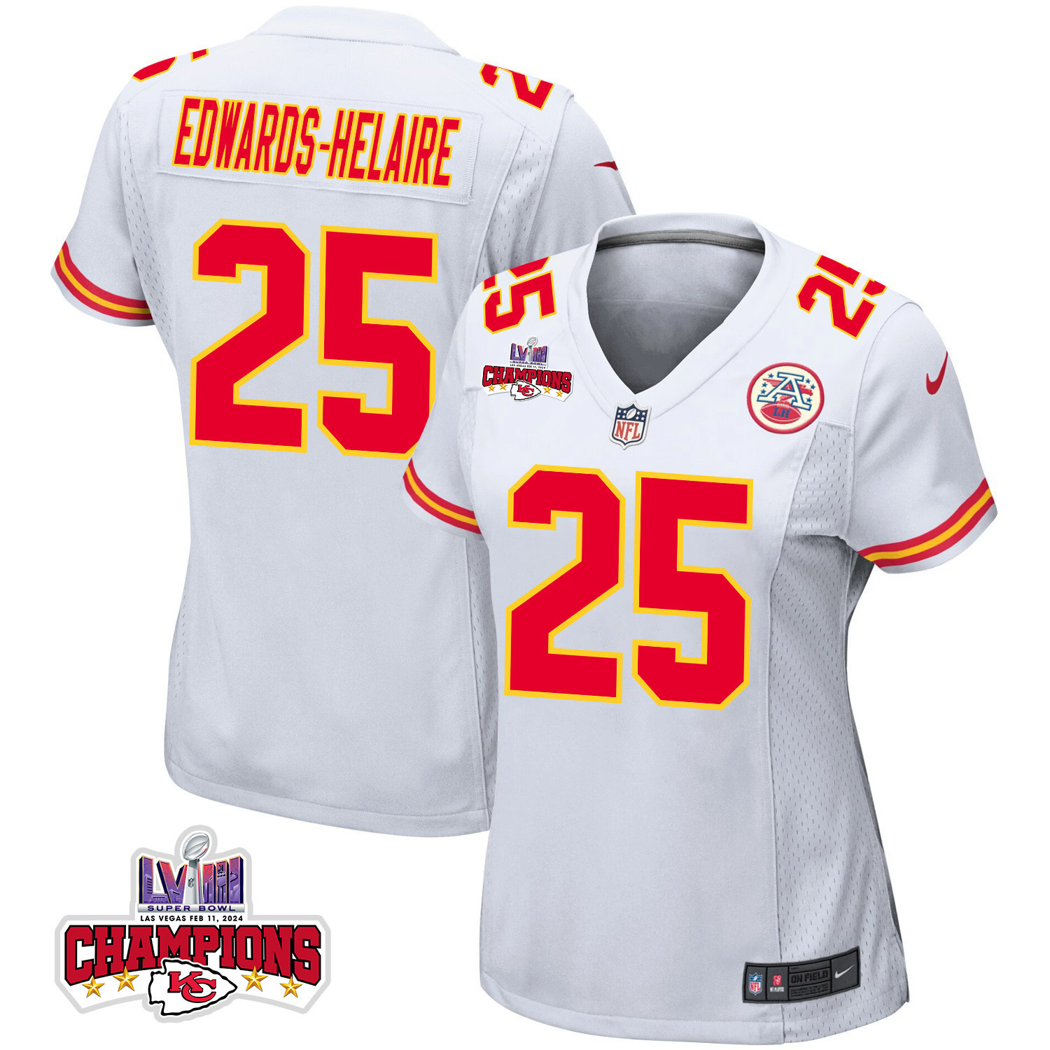 Clyde Edwards-helaire 25 Kansas City Chiefs Super Bowl Lviii Champions 4 Stars Patch Game Women Jersey - White Js8579