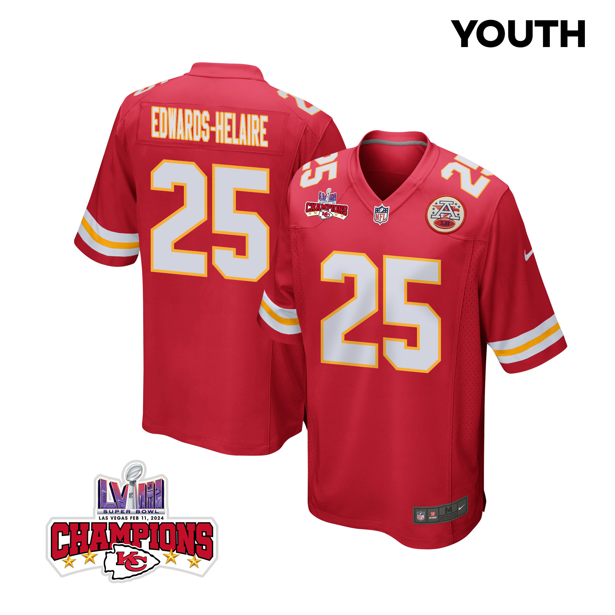 Clyde Edwards-helaire 25 Kansas City Chiefs Super Bowl Lviii Champions 4 Stars Patch Game Youth Jersey - Red Js5686