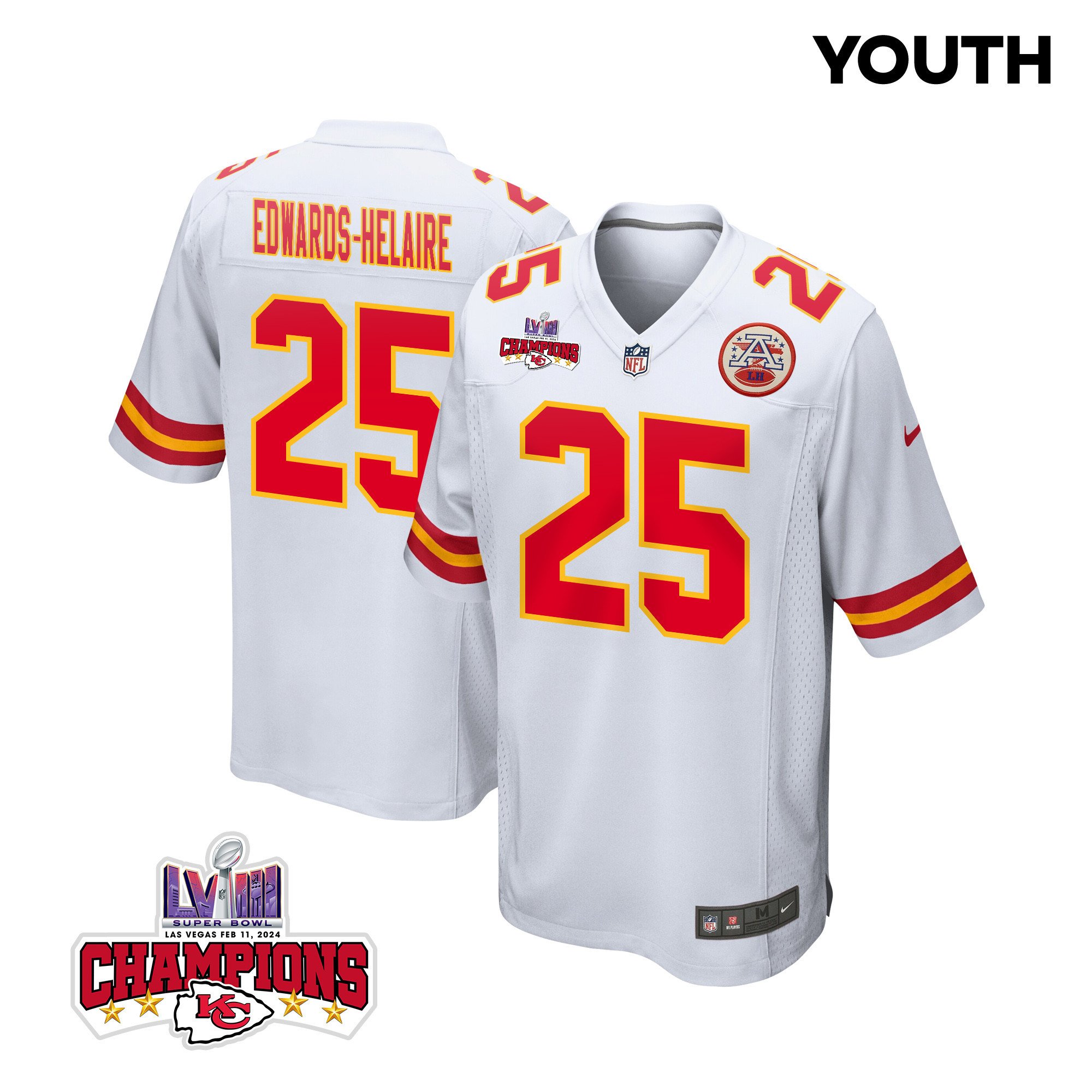 Clyde Edwards-helaire 25 Kansas City Chiefs Super Bowl Lviii Champions 4 Stars Patch Game Youth Jersey - White Js2256