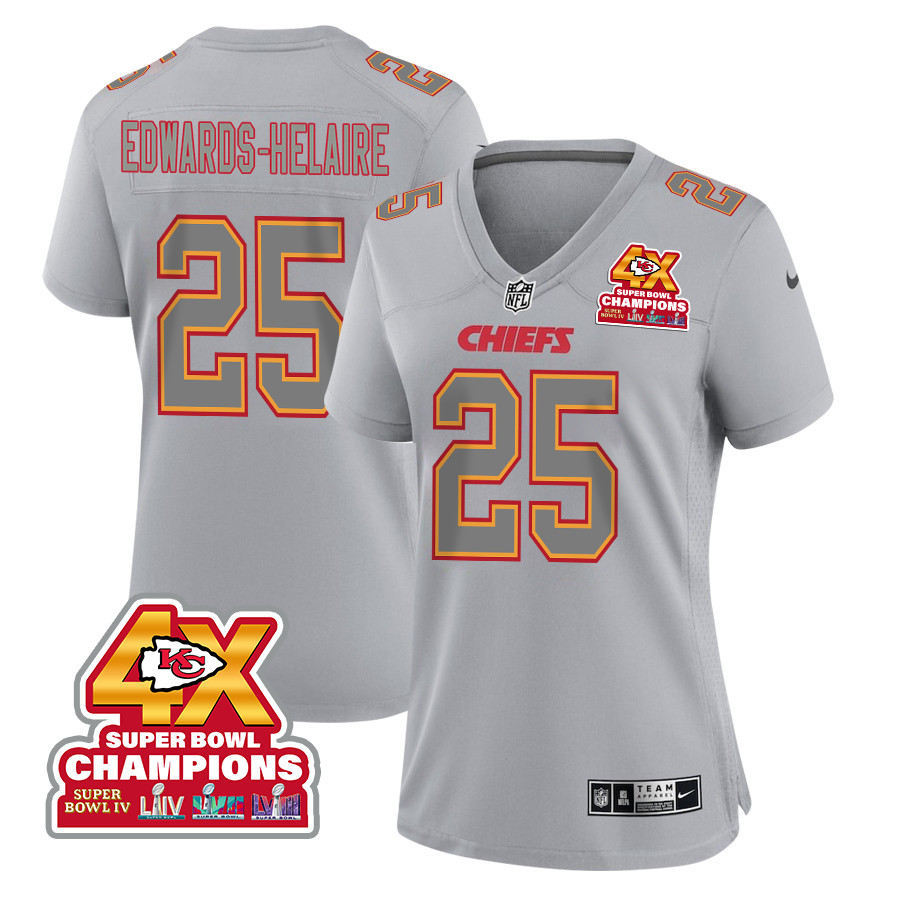 Clyde Edwards-helaire 25 Kansas City Chiefs Super Bowl Lviii Champions 4x Atmosphere Fashion Game Women Jersey - Gray Js9537
