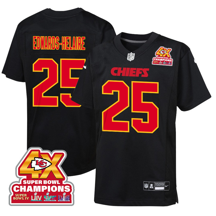 Clyde Edwards-helaire 25 Kansas City Chiefs Super Bowl Lviii Champions 4x Fashion Game Youth Jersey - Carbon Black Js2990