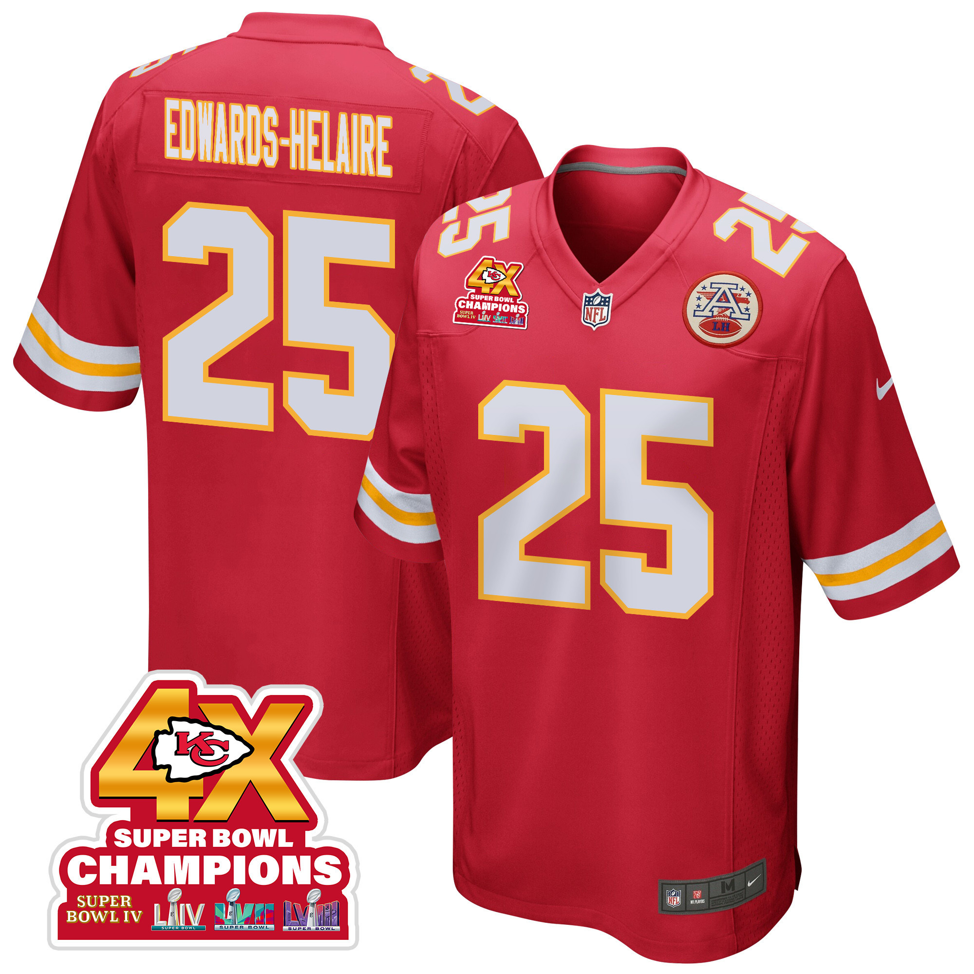 Clyde Edwards-helaire 25 Kansas City Chiefs Super Bowl Lviii Champions 4x Game Men Jersey - Red Js7210