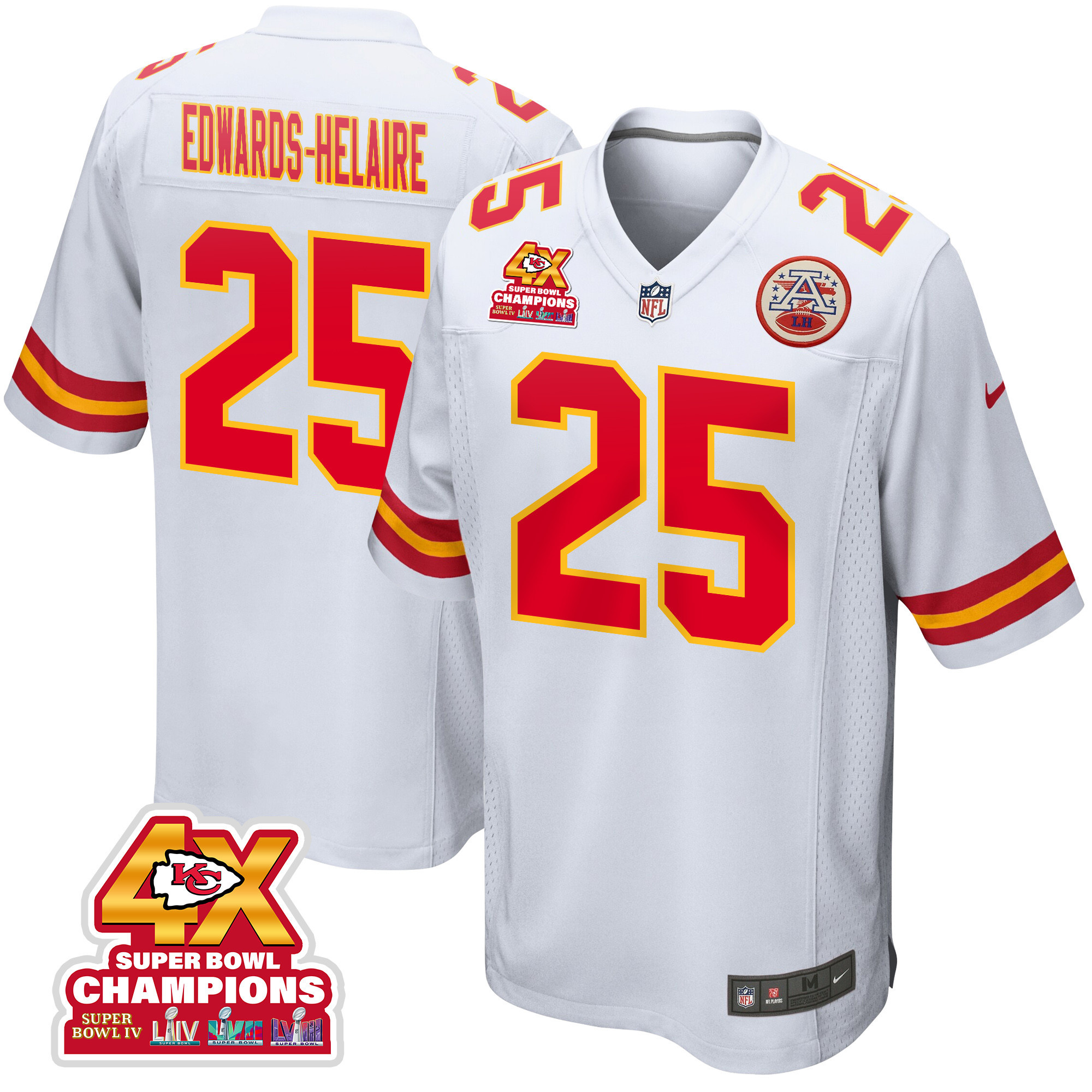 Clyde Edwards-helaire 25 Kansas City Chiefs Super Bowl Lviii Champions 4x Game Men Jersey - White Js3927
