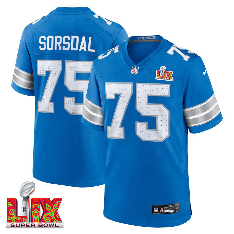 Colby Sorsdal #75 Detroit Lions Super Bowl Lix Youth Jersey - Blue Js5315