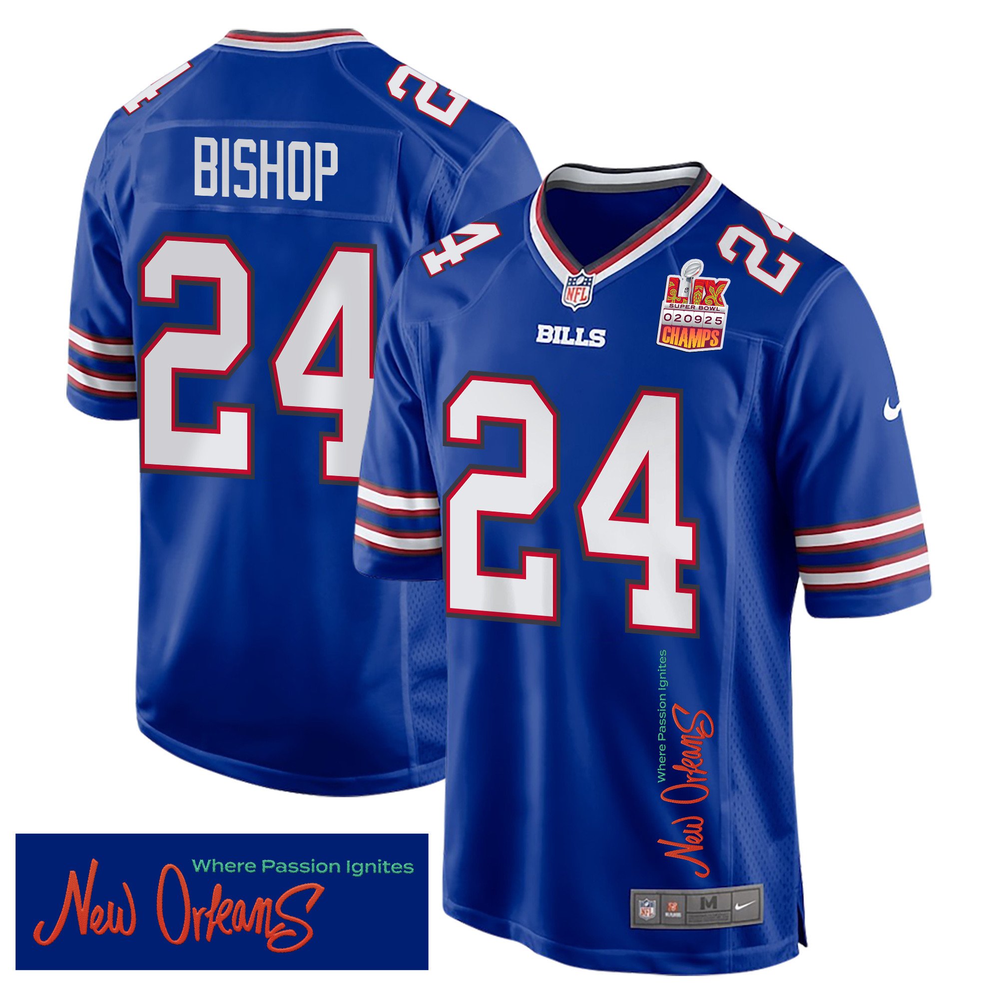 Cole Bishop 24 Buffalo Bills Super Bowl Lix Champions Patch 'new Orleans - Where Passion Ignites' Embroidered Game Men Jersey - Royal Js8999
