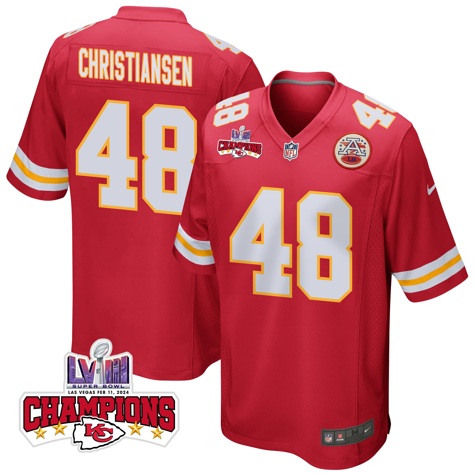 Cole Christiansen 48 Kansas City Chiefs Super Bowl Lviii Champions 4 Stars Patch Game Men Jersey - Red Js1448