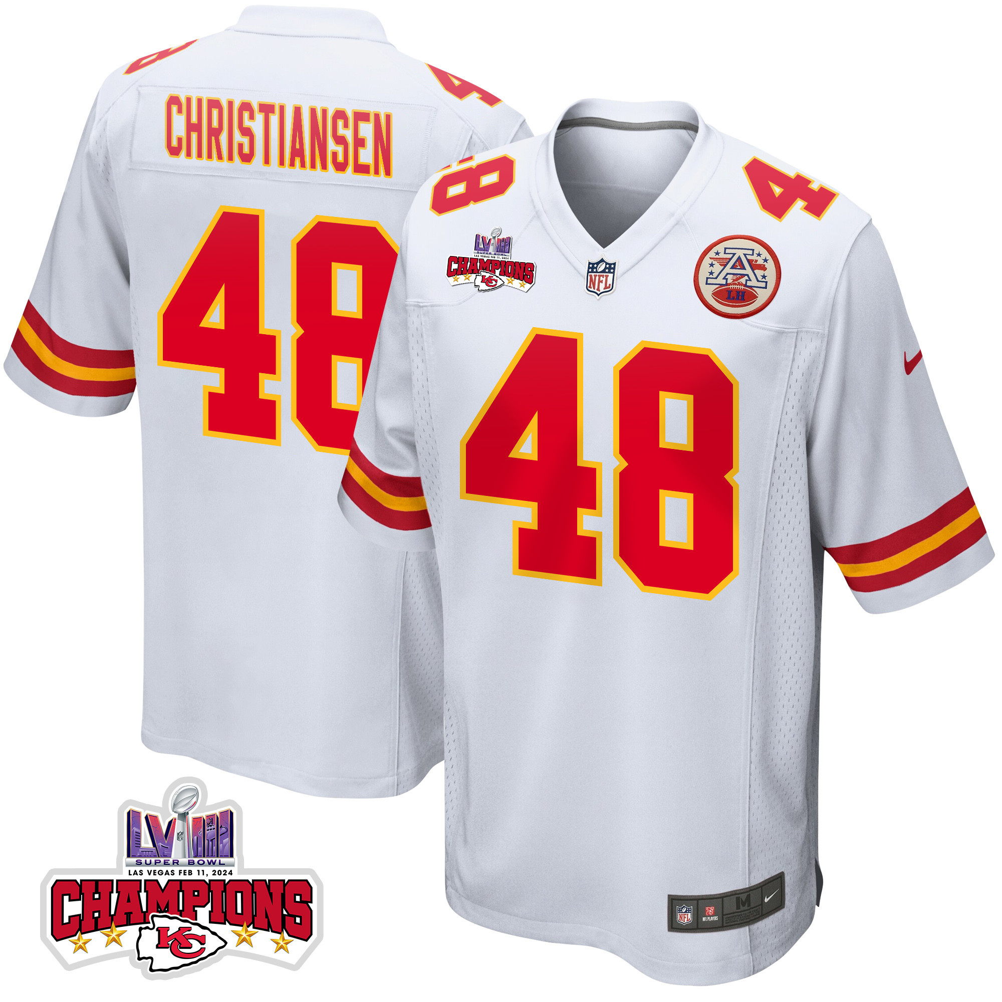 Cole Christiansen 48 Kansas City Chiefs Super Bowl Lviii Champions 4 Stars Patch Game Men Jersey - White Js1877