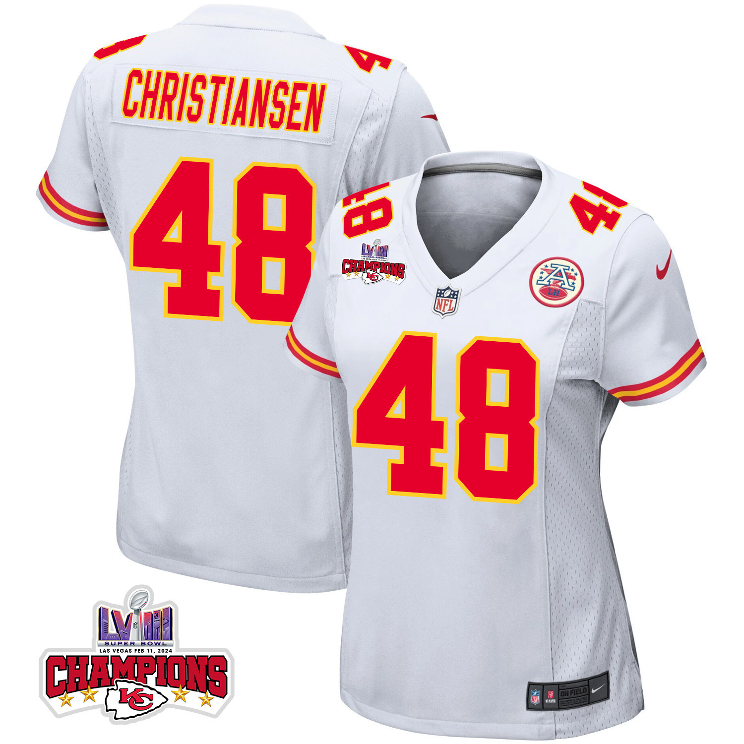 Cole Christiansen 48 Kansas City Chiefs Super Bowl Lviii Champions 4 Stars Patch Game Women Jersey - White Js4046